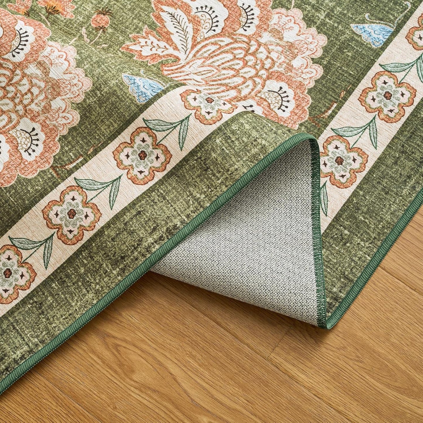 jinchan 5ft Floral Round Rug for Entryway Washable Kitchen Rug Vintage Romance Design Non Slip Indoor Doormat Lightweight Low-Profile Throw Carpet for Living Room Dining Room Bedroom, Green