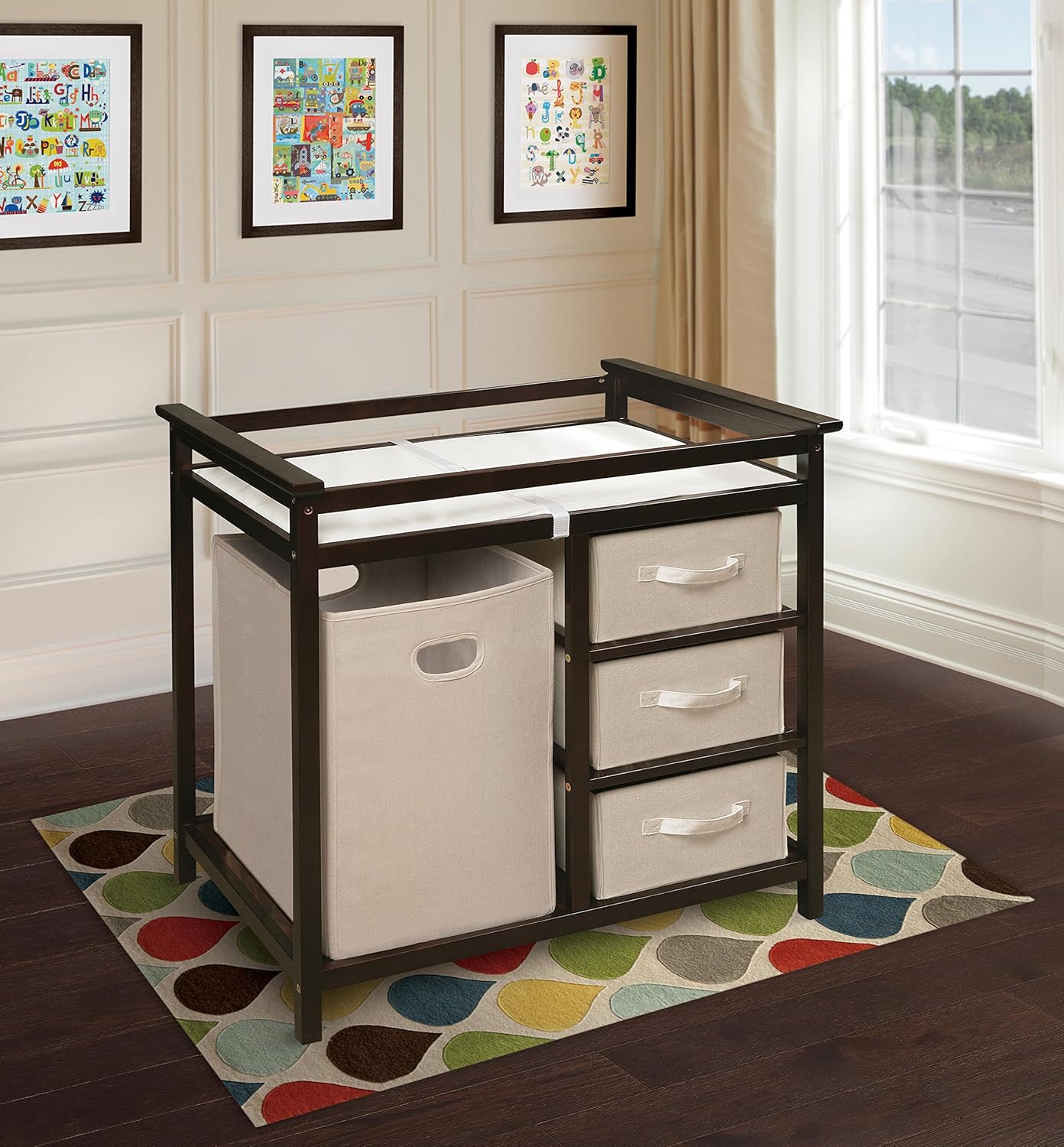 Badger Basket Modern Baby Changing Table with Laundry Hamper, 3 Storage Drawers and Pad, Diaper Change Station - Espresso/Ecru