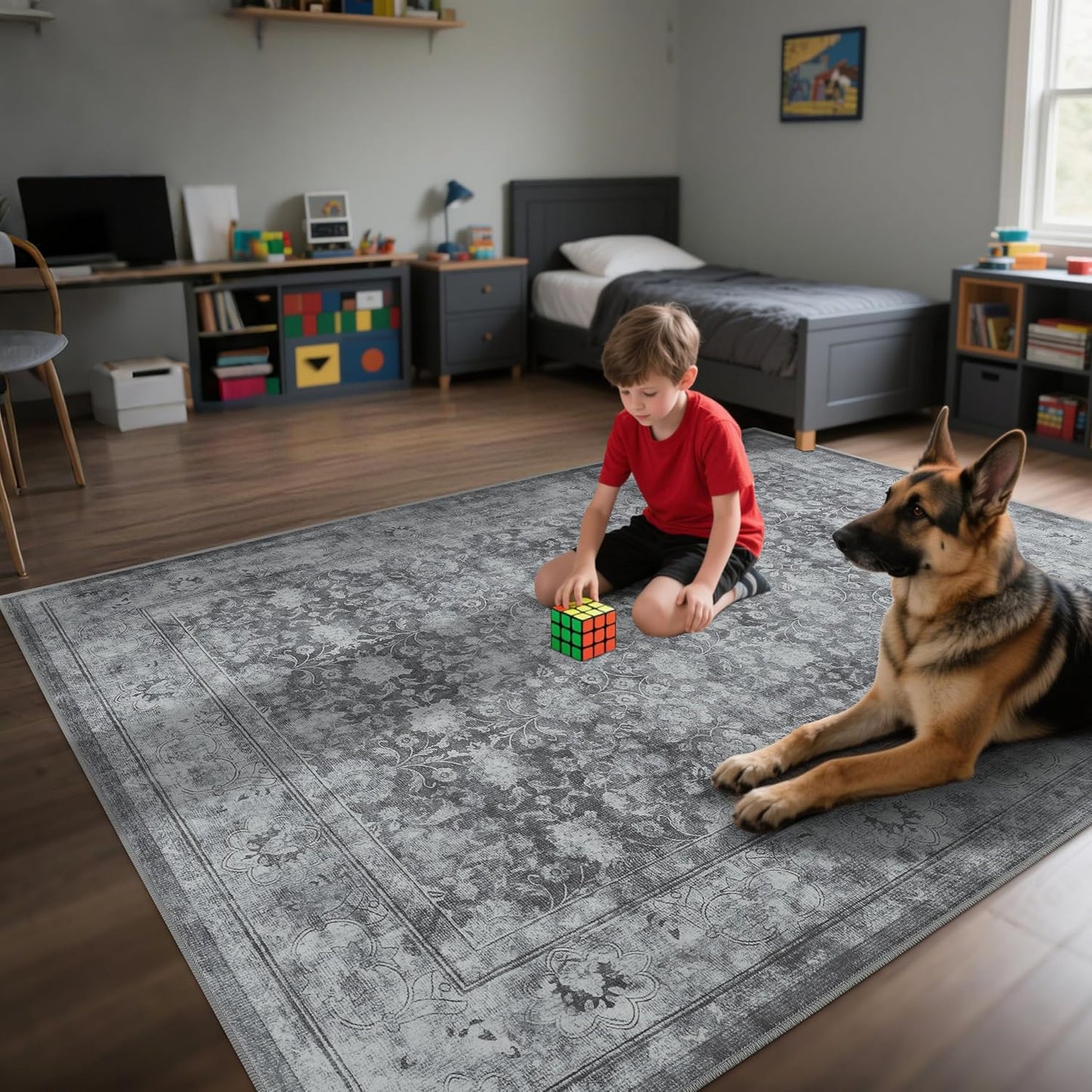 Large 8x10 Washable Area Rug for Living Room, Non Slip Vintage Traditional Rugs for Bedroom, Indoor Thin Accent Floral Nursery Carpet for Dining Room, Farmhouse (Distressed Grey)