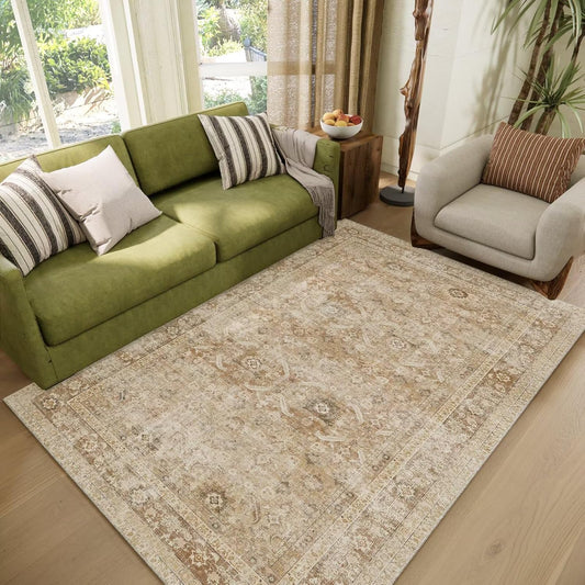 Washable 4x6 Rugs for Living Room, Boho Non-Slip Silicone Backing Small Rugs for Bedroom Nursery Office, 0.3" Neutral Oriental Throw Carpet with 0.16" Cushioning Pad, Brown/Multi