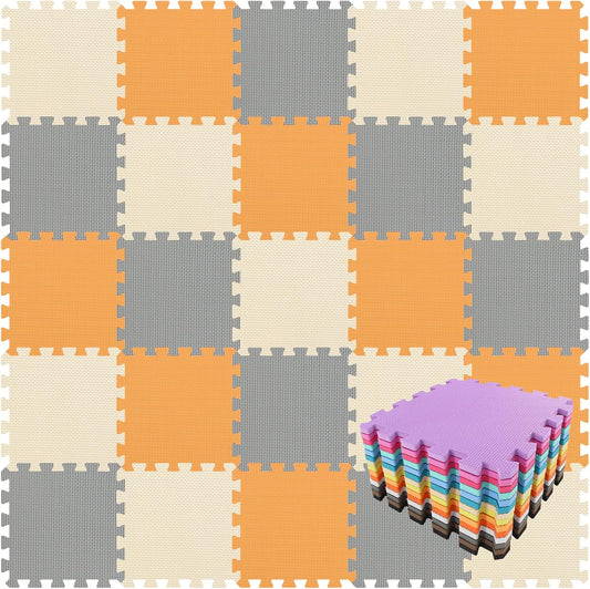 qqpp EVA Rubber 18 Tiles Interlocking Puzzle Foam Floor Mats - Baby Play Mat for Playing | Exercise Mat for Home Workout. Orange, Beige, Gray. QC-BJLb18N