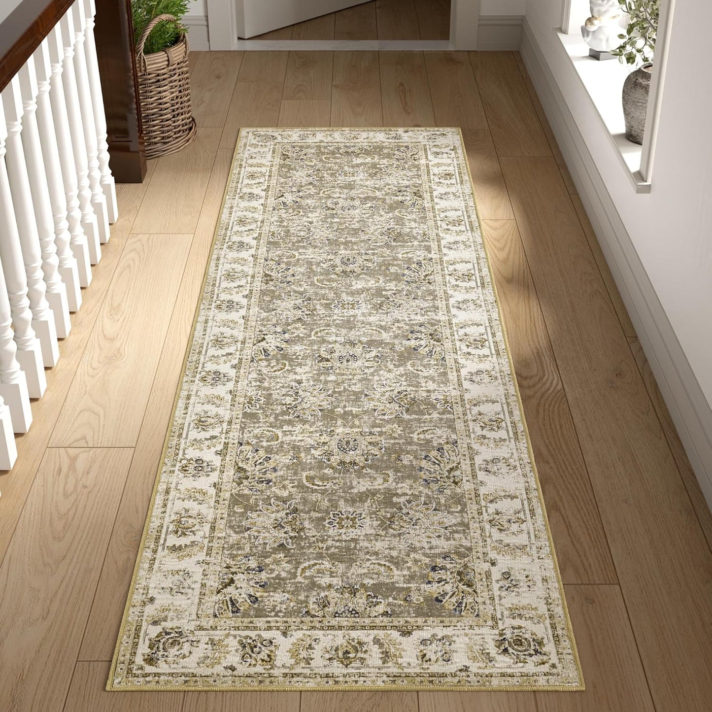 jinchan Runner Rug 2x6 Washable Hallway Runner - Vintage Floral Non Slip Low-Pile Soft Thin Kitchen Rug Distressed Carpet for Farmhouse Bedroom Entryway Laundry Room(2x6ft,Taupe)