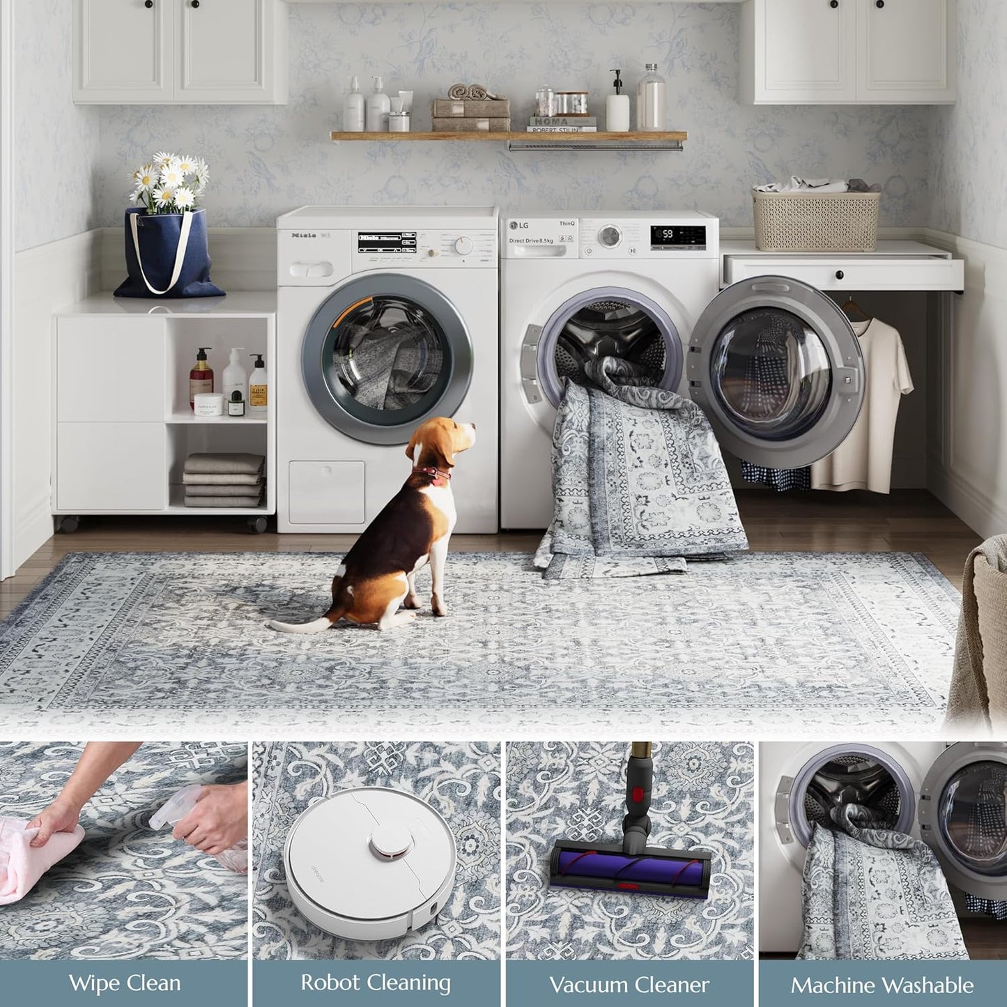 jinchan Floral 3x5 Area Rugs for Entryway - Taupe Vintage Distressed Design Doormat Non-Slip Ultra-Thin Low Pile Boho Rug for Kitchen Living Room Bedroom Farmhouse (3‘x5',Grey)