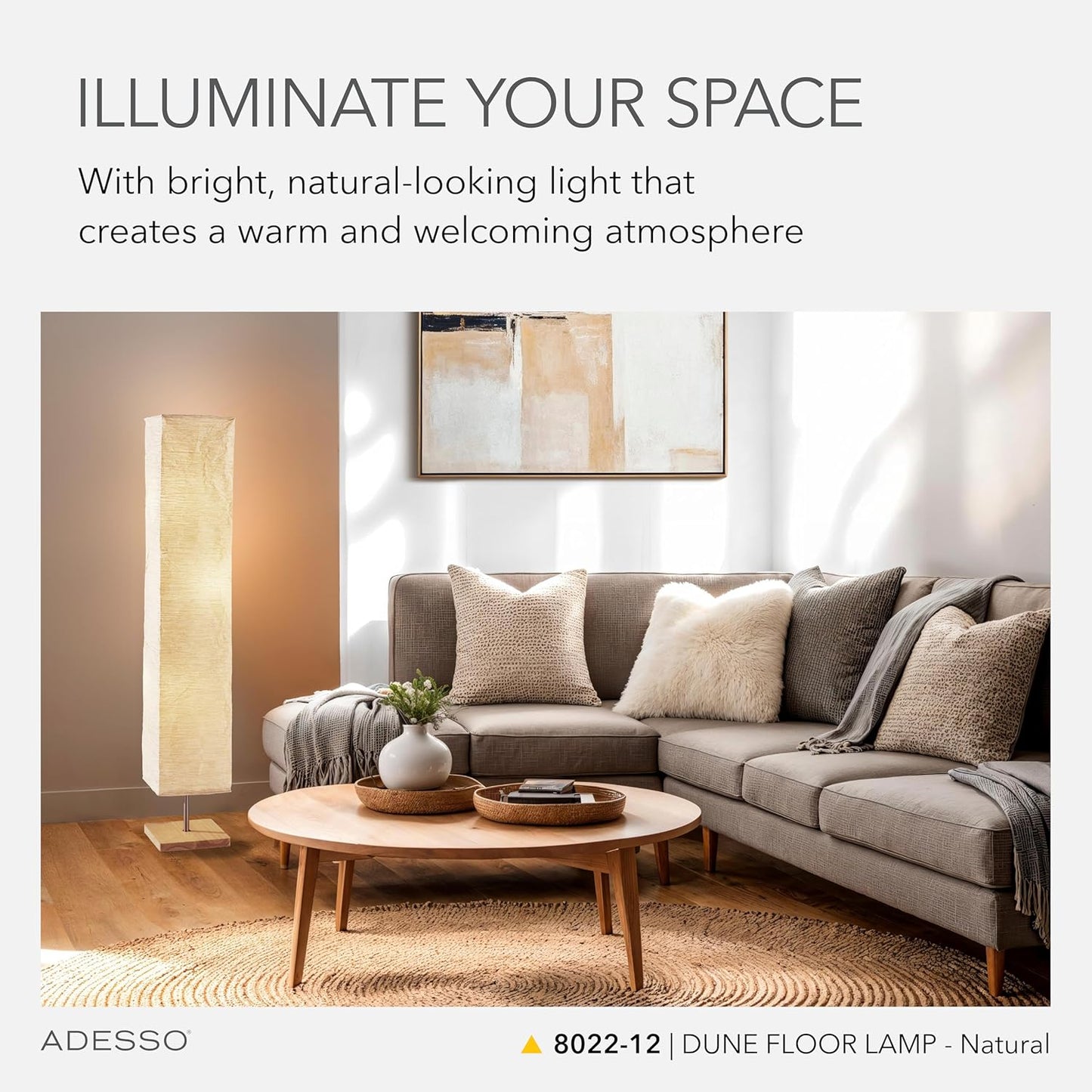 Adesso Three Light Floor Lamp – Natural Wood Base & Adjustable Brightness – Perfect Lighting for Bedroom, Living Room and Corner Decor, Beige