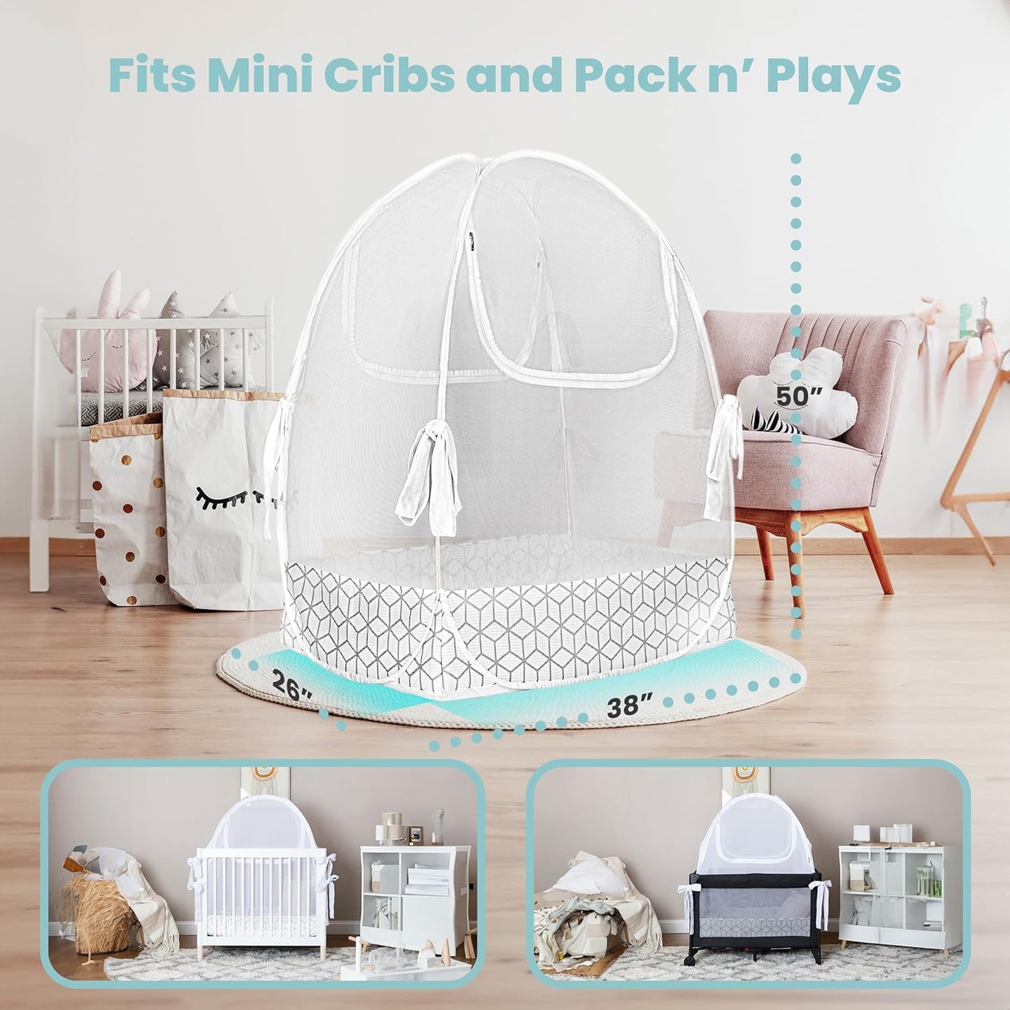 Premium Pack n Play Tent, Mini Crib Tent to Keep Baby from Climbing Out, Auto Pop Up Pack and Play Tent with Auto-Lock Zippers, Thick Velvety Breathable Mesh (Geometric Cubes)