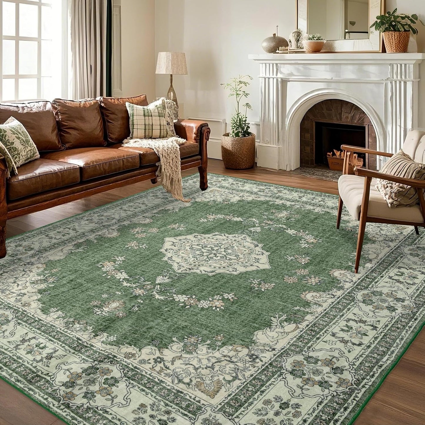 10x14 Area Rug Washable: Oriental Soft Area Rug for Living Room Bedroom No Shedding - Low Pile Thin Carpet Rug for Dining Room Non Slip - Boho Vintage Rug for Home Decor - Olive Green