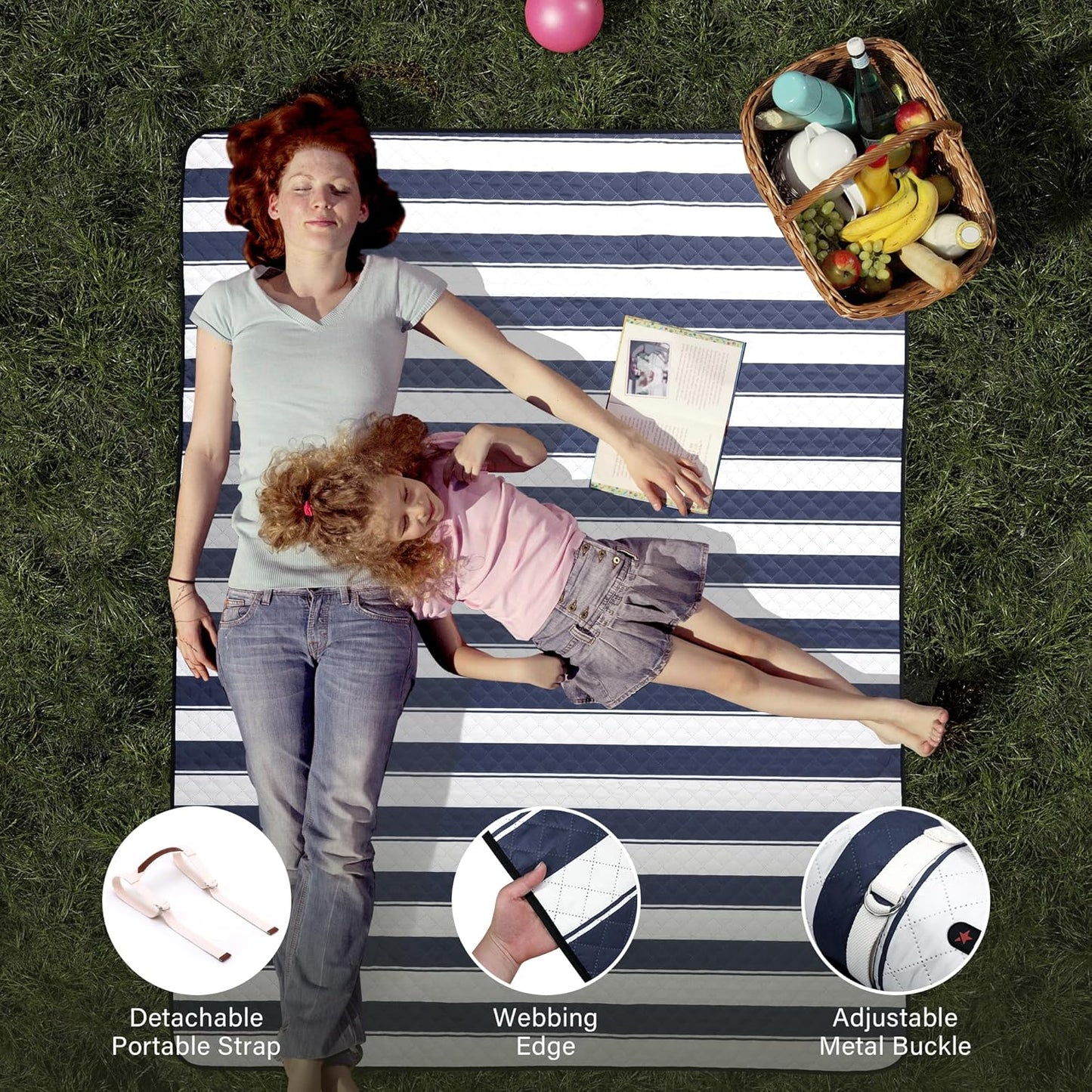 HX&OD Outdoor Picnic Blanket Extra Large, 80”x60” Waterproof Picnic Mat Foldable Camping Blanket Portable with Carry Strap for Beach Mat (Bule)