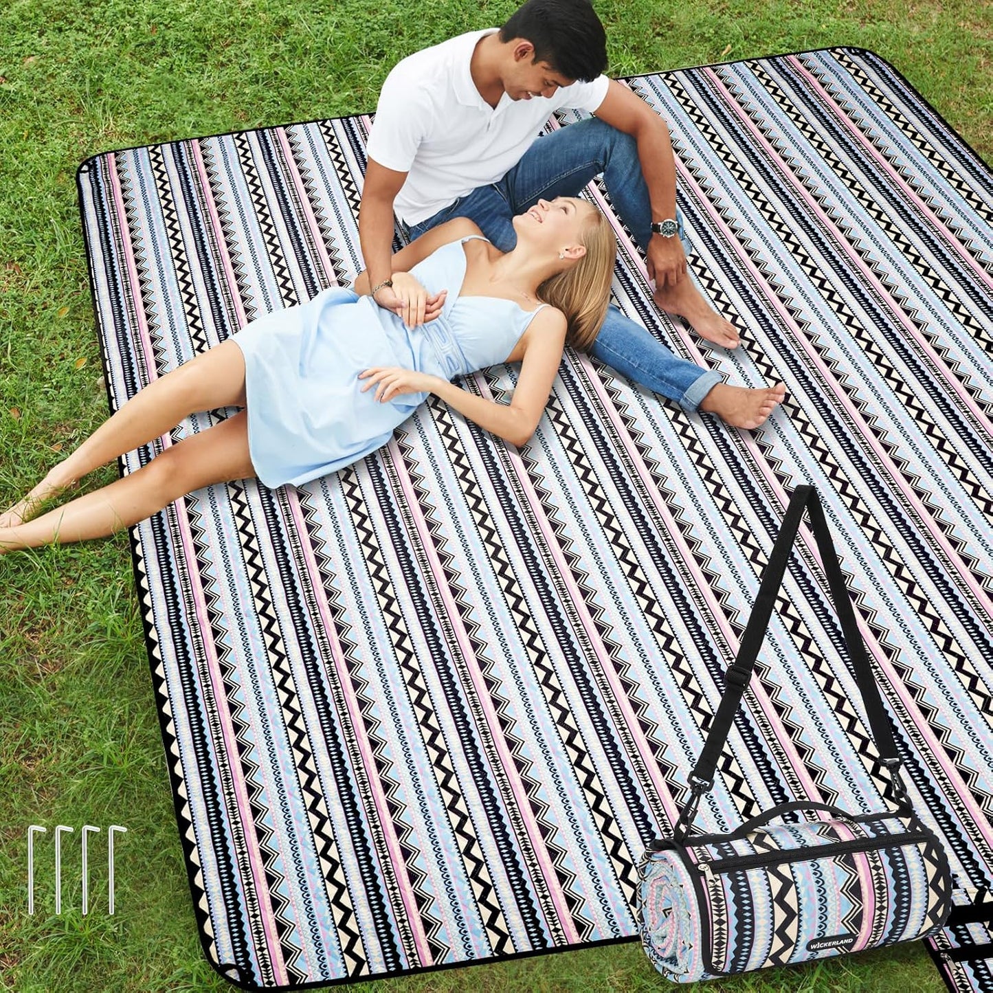 Picnic Blankets Extra Large Outdoor - Beach Blanket Waterproof Sandproof with Shoulder Strap, Machine Washable, Picnic Mat with Stakes for Grass Concert, Park.BohoGeometry