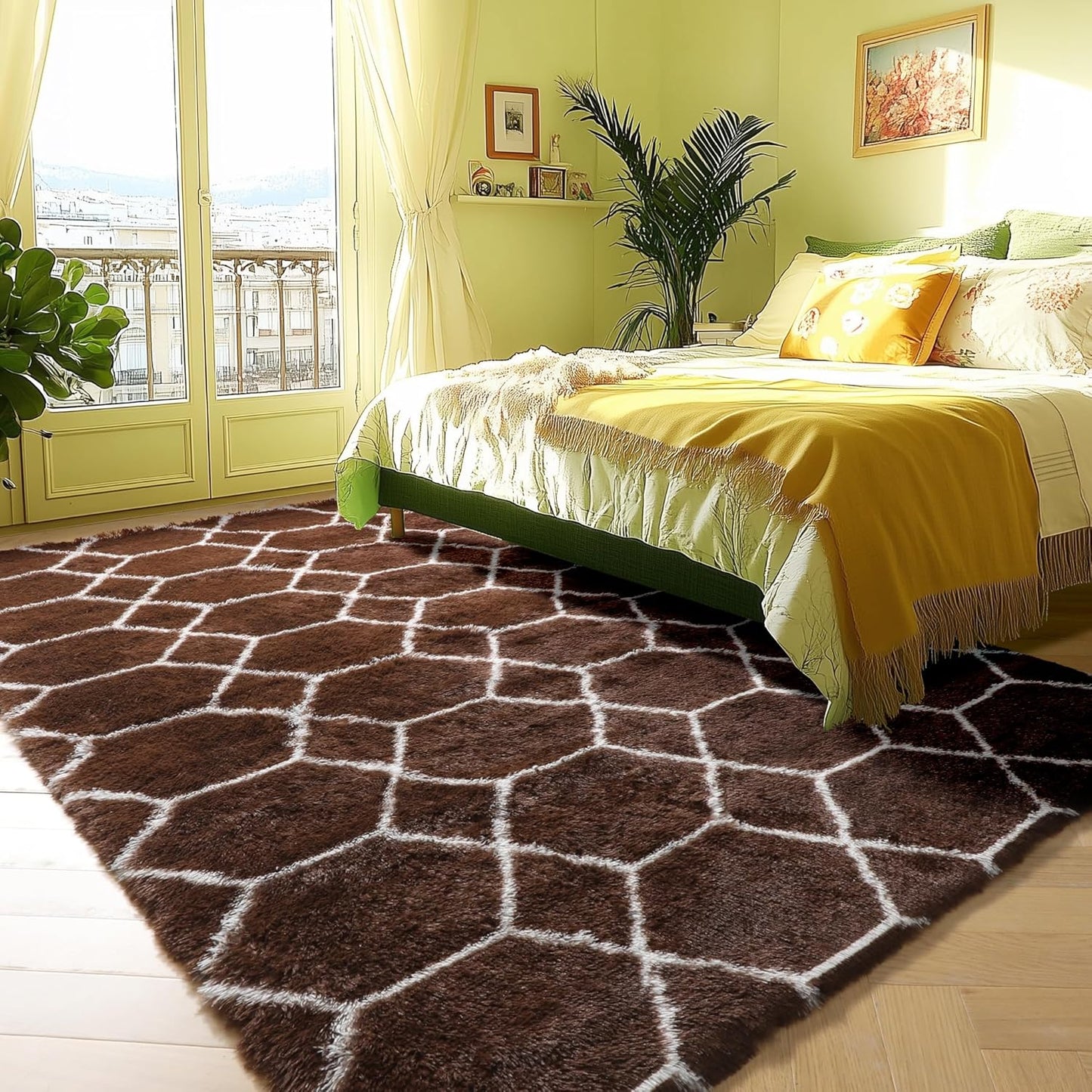 ONASAR 5x7 Area Rugs for Living Room Bedroom, Washable Fluffy Brown and White Throw Rug, Geometric Boho Soft Plush Shaggy Floor Bedside Carpet Mat for Nursery Kids Girls Boys Teen Dorm Home Decor