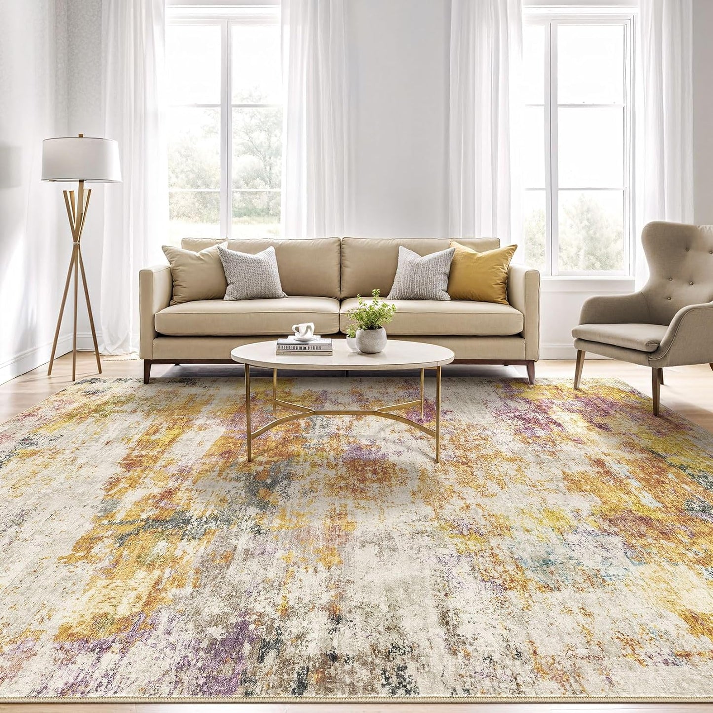 10x14 Area Rugs Living Room: Washable Large Abstract Modern Soft Stain Resistant Indoor Floor Rugs Non-Slip Accent Carpet for Bedroom Nursery Playroom Office Dining Room Dorm Home House- Gold Colorful