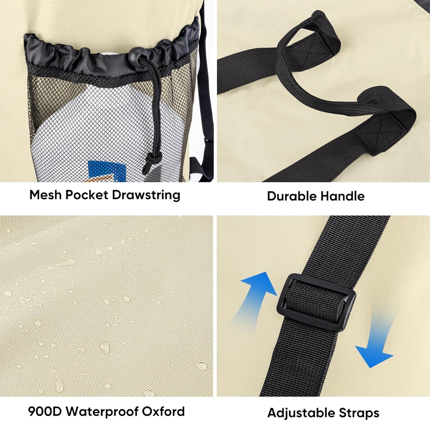 BALEINE 120L Laundry Bag Backpack, 900D Oxford Fabric Large Travel Laundry Bags with Shoulder Straps and 2 Mesh Pockets for College Dorm, Apartment, Laundromat (Beige, 120L)