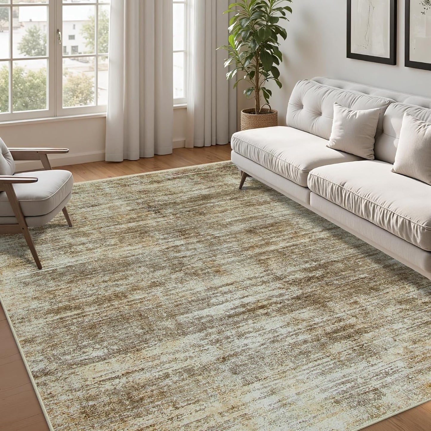 Washable Rug 6x9 Area Rugs, Abstract Large Living Room Rugs with Non-Slip Backing, Thin Carpet for Dorm Dining Room Table Nursery Indoor Home Office-Brown