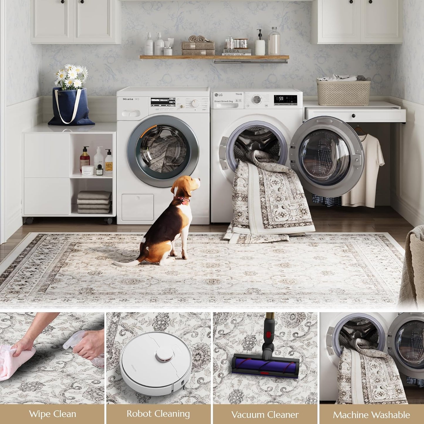 jinchan Hallway Runner Rug 2x10 - Machine Washable Beige Vintage Floral Distressed Design Soft Non-Slip Low-Pile Ultra-Thin Runner Rug for Kitchen Laundry Room Bedroom Farmhouse (2‘x10',Beige)