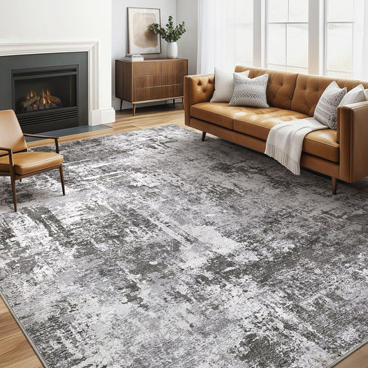6x9 Area Rugs Living Room: Large Washable Abstract Modern Soft Rug Stain Resistant Indoor Floor Non Slip Accent Carpet for Bedroom Nursery Playroom Dining Room Office Dorm Home Decor- Black Grey
