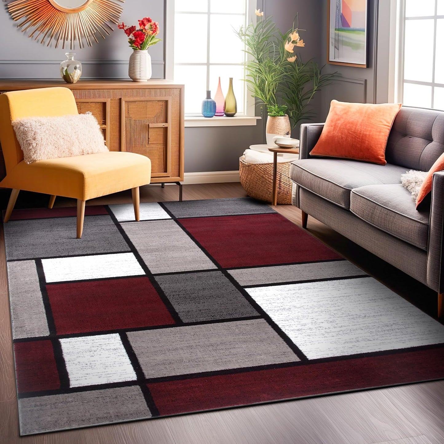 Rugshop Contemporary Modern Boxes Area Rug 9' X 12' Red