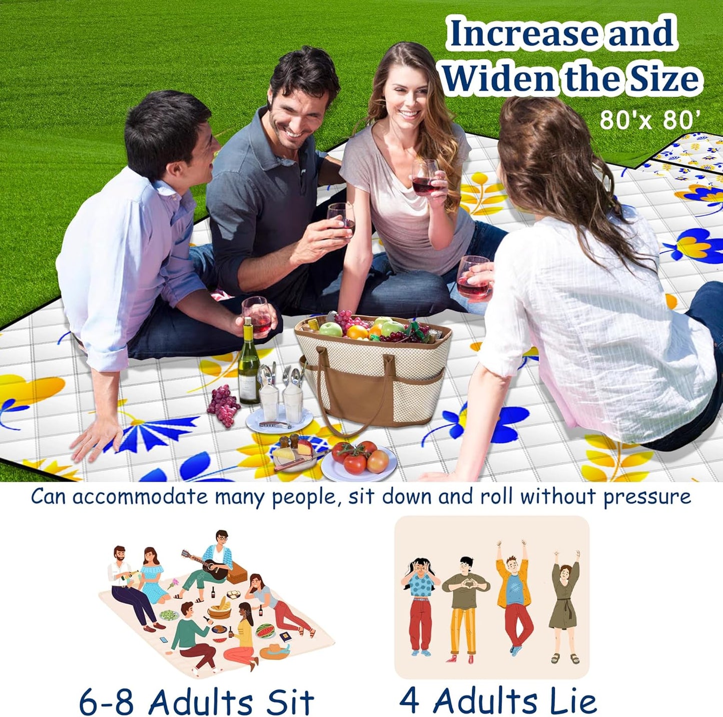 Poedist Extra Large Picnic Blanket Waterproof,80"x 80"Foldable Machine Washable Beach Blanket,Outdoor Blanket for 6-8 Adults,Suitable for Indoor Crawling,Park Beach,Camping,Hiking,Family Travel(Mini