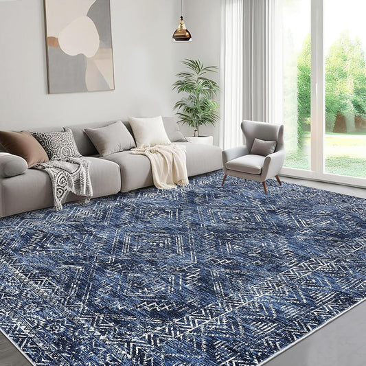 COZYLOOM 4x6 Area Rug for Living Room Bedroom Playroom Nursery Vintage Non Slip Low Pile Rug Soft Throw Floor Cover Geometric Tribal Foldable Indoor Carpet, Blue