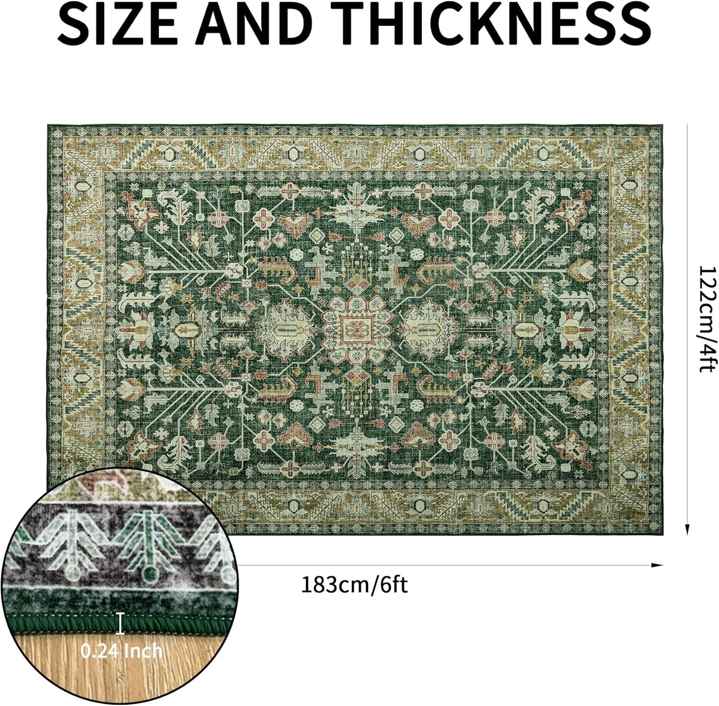 4x6 Area Rug Washable: Oriental Soft Area Rug for Living Room Bedroom No Shedding - Low Pile Thin Carpet Rug for Dining Room Non Slip - Boho Vintage Rug for Home Decor - Retro Forest Green