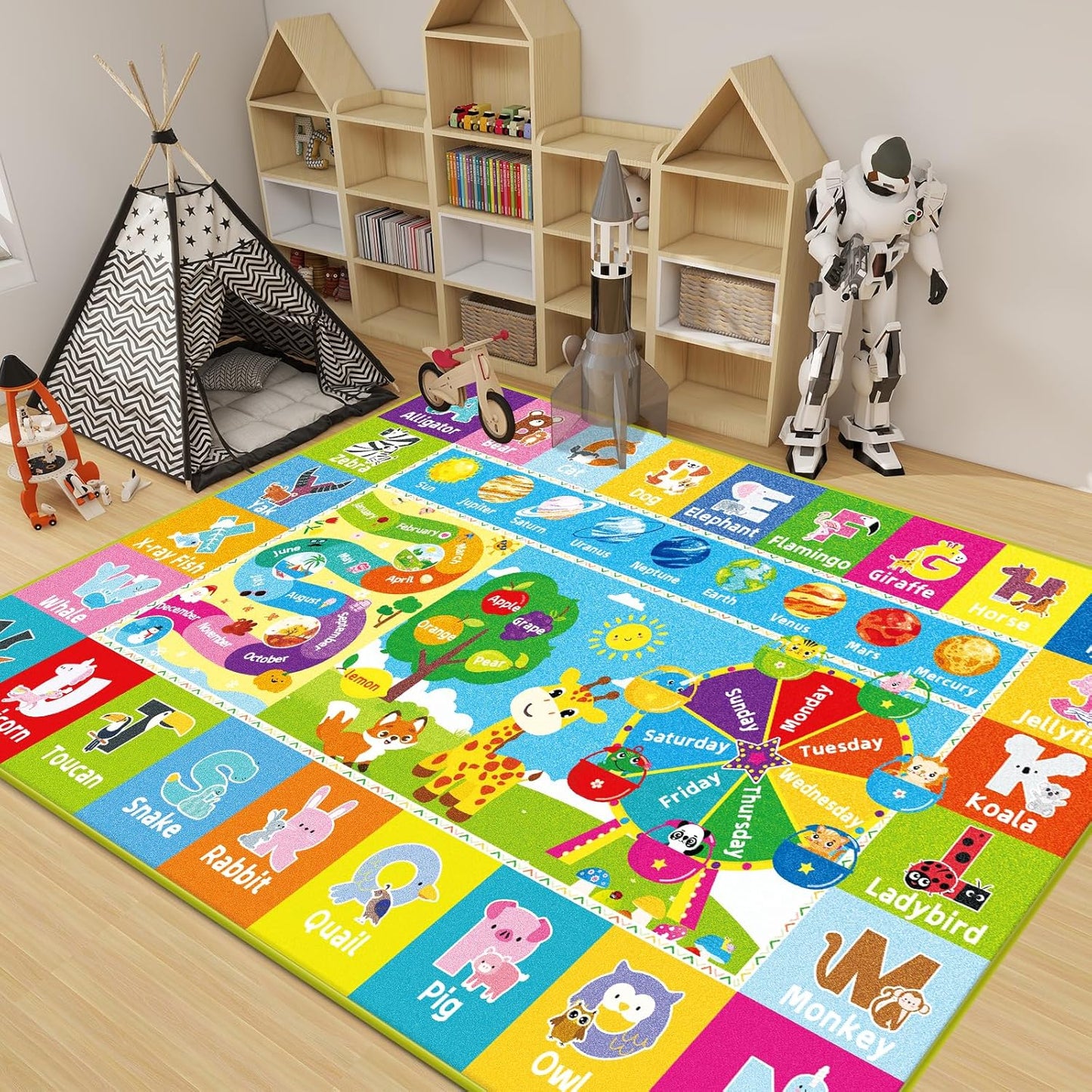 Kids Rug for Playroom, Kids Baby Playmat with Alphabet, Month, Weather, Week and Shapes ABC Educational Rug, Play Mat Carpet for Bedroom Classroom (78.7X59 INCH, Ferris Wheel)