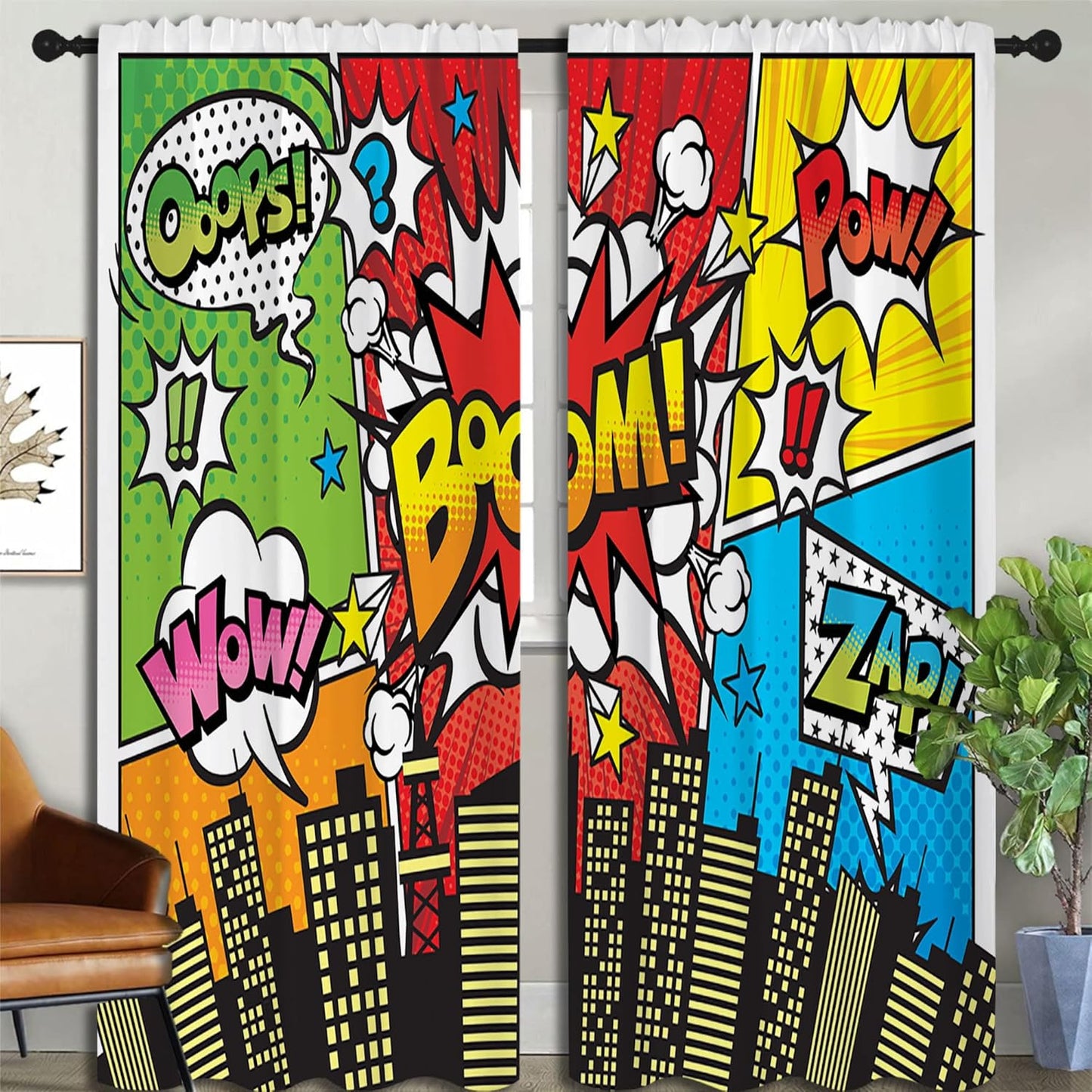 Superhero City Wars Explosion Rod Pocket Blackout Curtains for Boy Girl Bedroom, Colorful Comics Ar Home Energy Efficient Light Filtering Window Curtain for Living Room, 84x63 inch