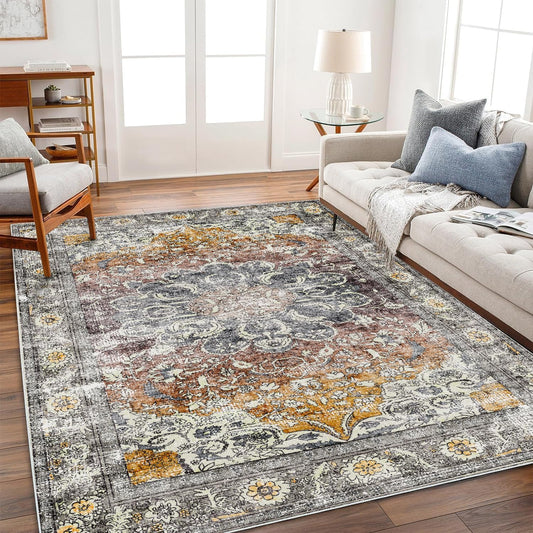 Area Rug 6x9 Washable Rug Brown Grey Vintage Traditional Distressed Thin Retro Kitchen Indoor Floor Cover Non Slip Carpet Floral Print Mat Living Room Bedroom Dining Room
