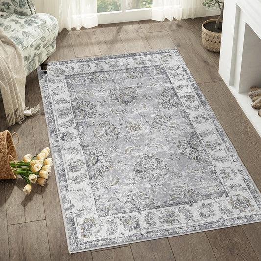 jinchan Floral 3x5 Area Rugs for Entryway - Machine Washable Taupe Vintage Distressed Design Doormat Non-Slip Ultra-Thin Low Pile Boho Rug for Kitchen Living Room Bedroom Farmhouse (3‘x5',Grey)