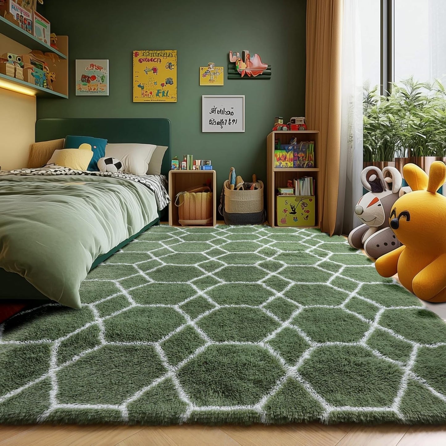 ONASAR 5x7 Area Rugs for Living Room Bedroom, Washable Fluffy Olive Green and White Throw Rug, Geometric Boho Soft Plush Shaggy Floor Carpet for Nursery Kids Girls Boys Teen Dorm Home Decor