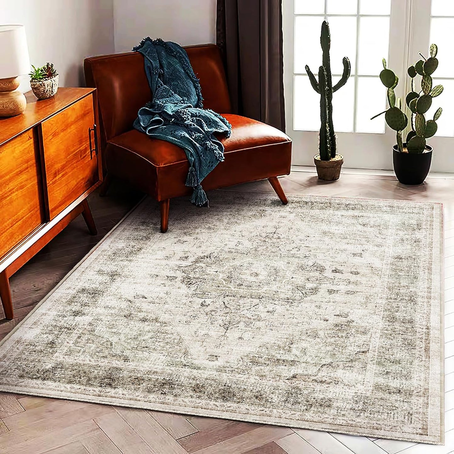 Washable Area Rug 4'x6' Floral Khaki Traditional Floor Cover Foldable Thin Rugs Retro Kitchen Indoor Distressed Non Slip Carpet Floral Print Mat Bedroom Living Room