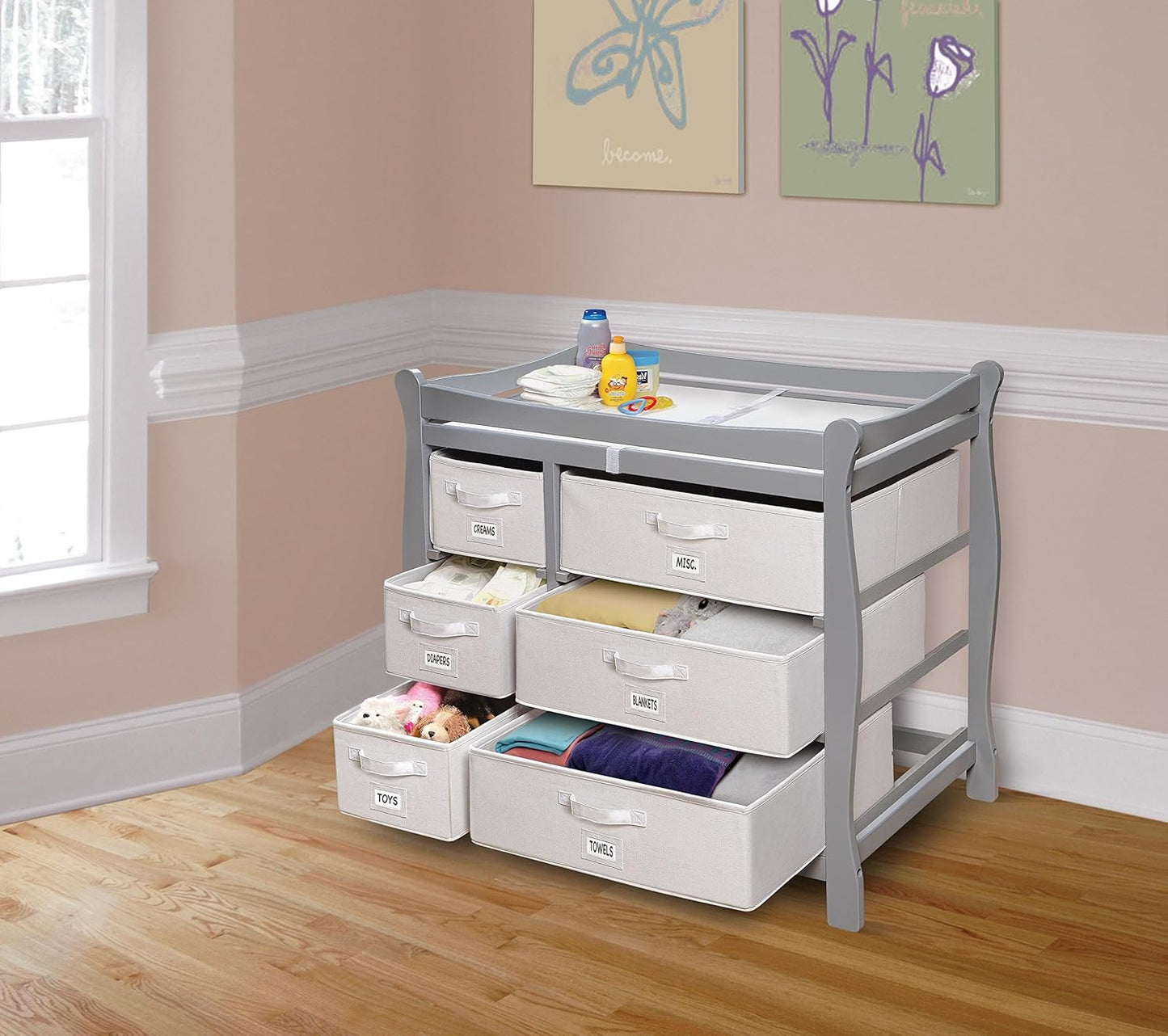 Badger Basket Sleigh Style Baby Changing Table - Diaper Station with 6 Removable Storage Baskets, Safety Rails, Pad, and Belt - Nursery Organizer - Cool Gray
