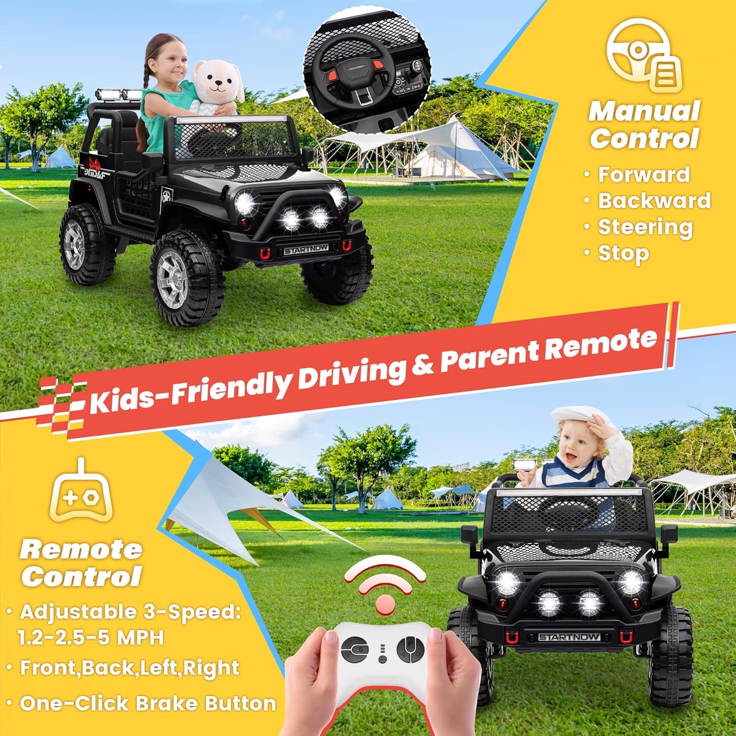 24V 4WD Ride on Truck Car w/800W Motors, Gift Flower, Remote Control, 2 Seaters, Light Bar, 3 Speeds, Pop Music, Power Four Wheels, 24 Volt Ride on Toy Car for Big Kids, Black