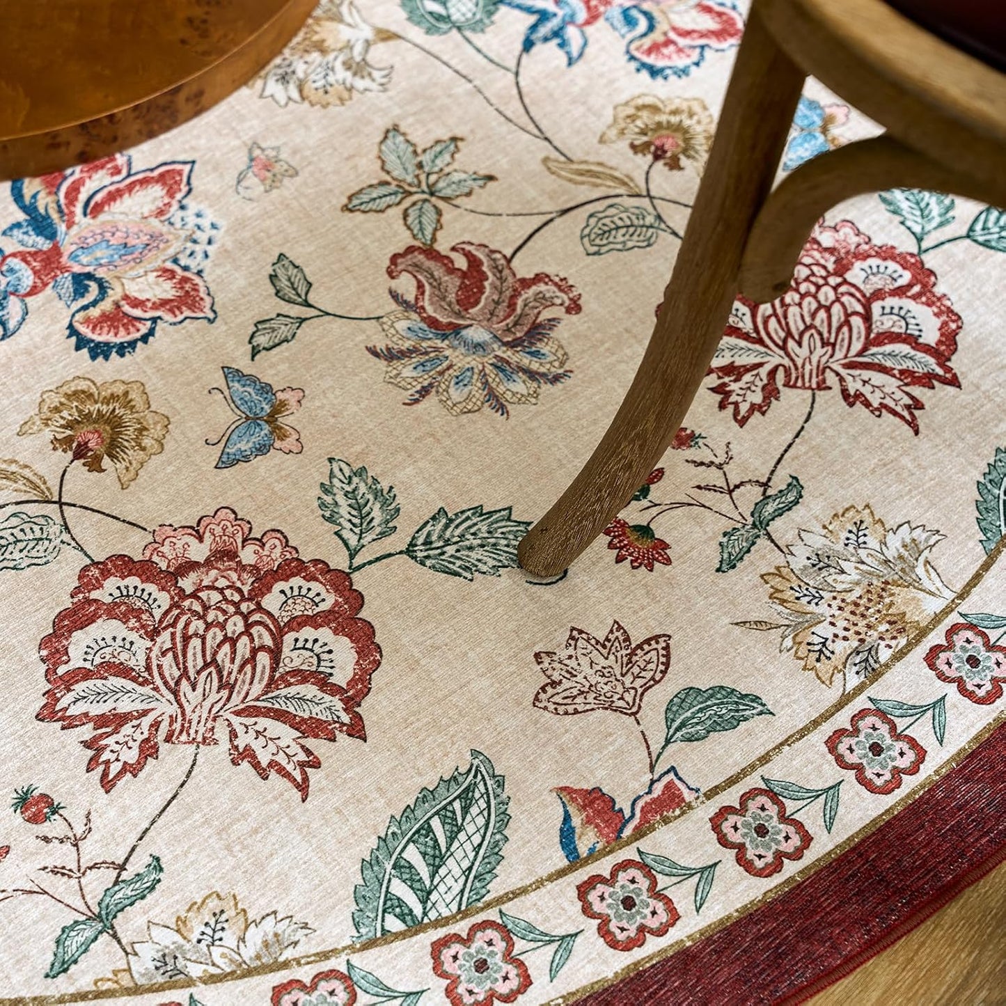 jinchan Floral Corner Rug for Kitchen Washable Nursery Rug Vintage Romance Design Non Slip Quarter Circle Lightweight Low-Pile Throw Carpet for Playroom Reading Nook Office, 5ft Radius, Red/Beige