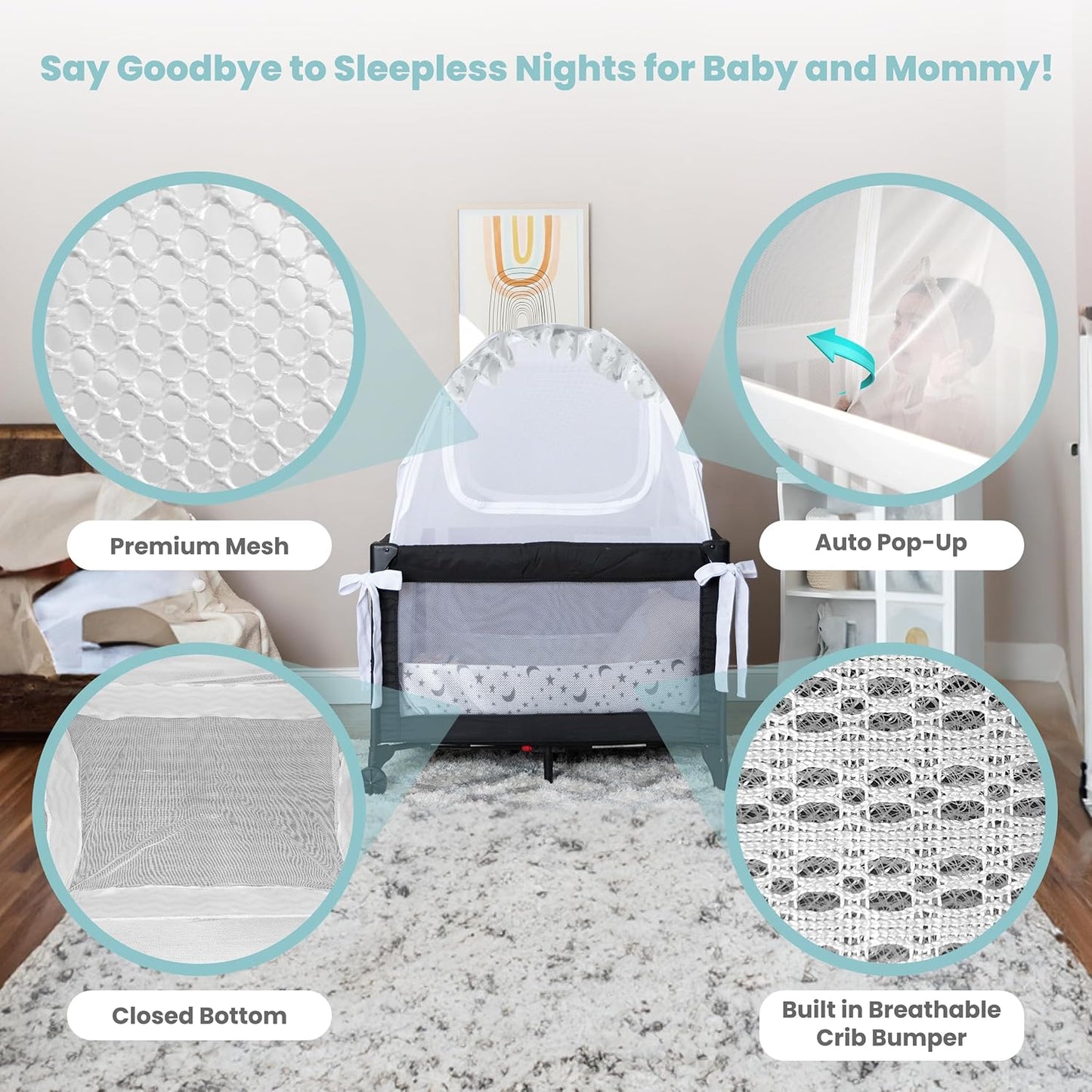 Premium Pack n Play Tent, Mini Crib Tent to Keep Baby from Climbing Out, Auto Pop Up Pack and Play Tent with Auto-Lock Zippers, Thick Velvety Breathable Mesh (Stars & Moons - Ruffles)