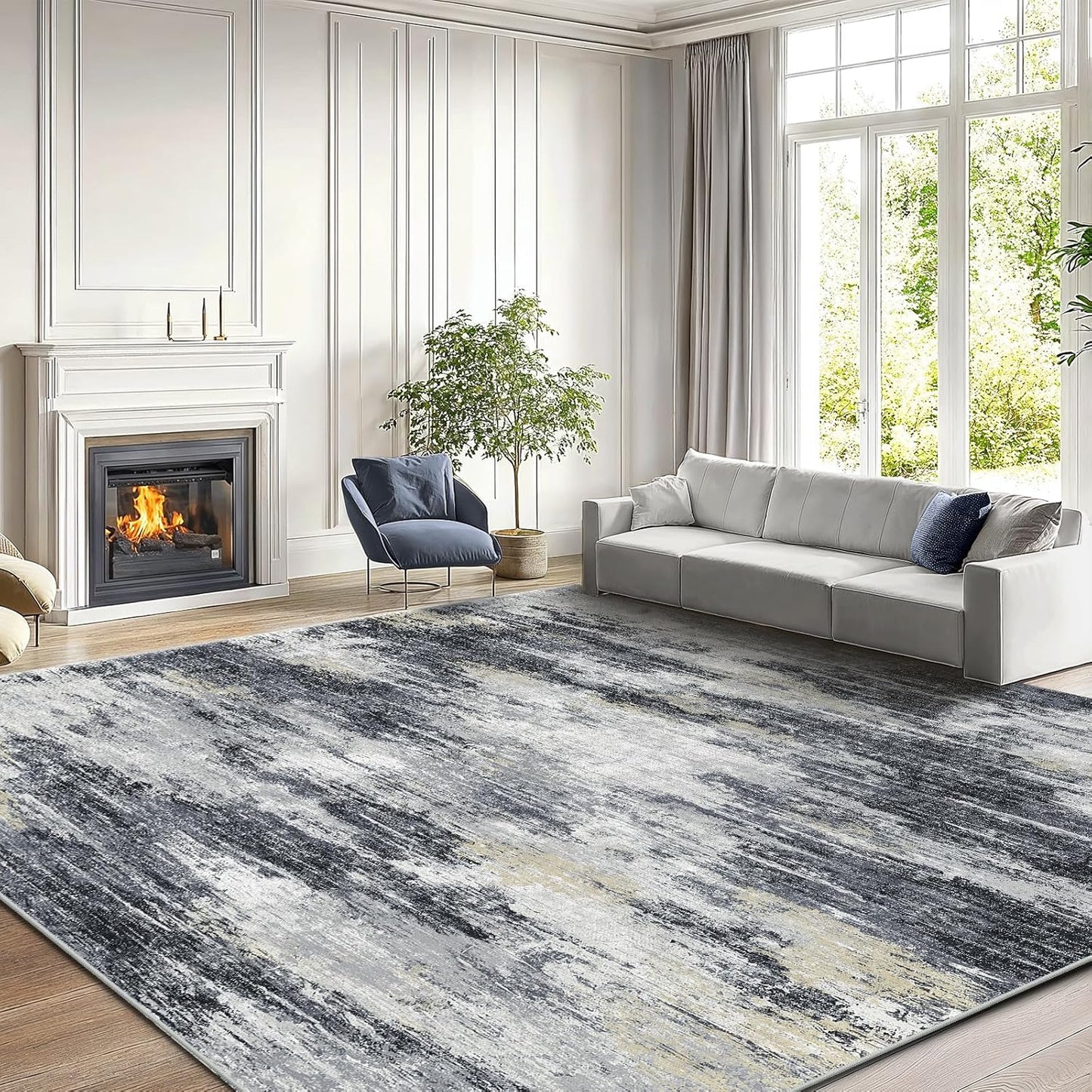 Amada 9x12 Large Area Rug, Modern Abstract Living Room Rug with Non-Slip Backing & Short Pile, Washable Rug with Abstract Pattern for Living Room, Bedroom and Dinning Room, Light Grey
