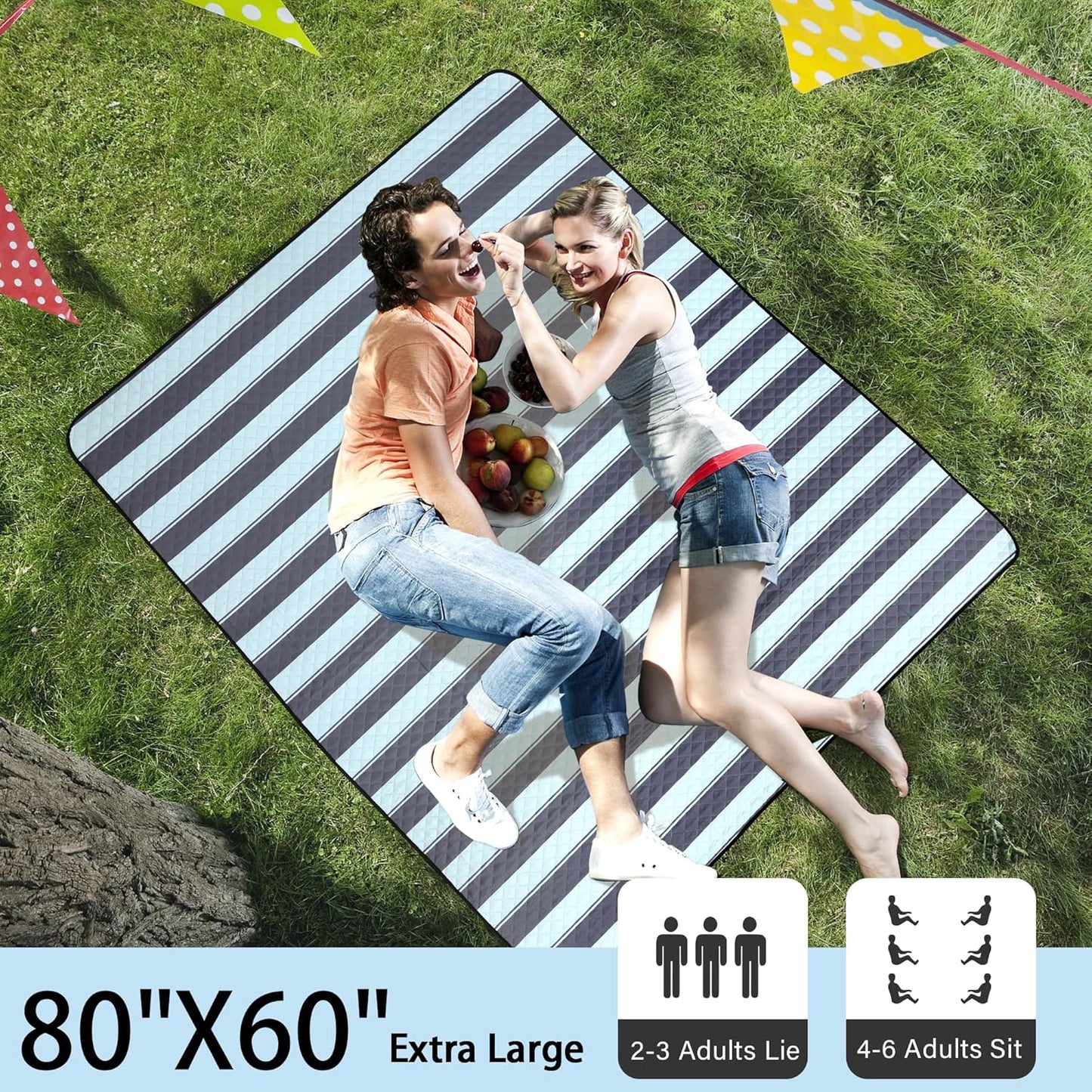 HX&OD Extra Large Picnic Outdoor Blanket, 80”x60” Waterproof Picnic Mat Foldable Camping Blanket Portable with Carry Strap for Beach Mat Outdoor Camping Party(Grey&Green)
