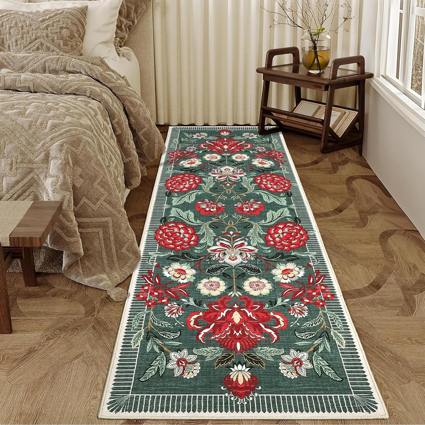 GarveeHome Floral Botanical 2x6 Washable Kitchen Runner Rugs Non Slip Grey Green Vintage Boho Cottage Long Rug for Hallways Bedroom Entryway Bathroom Mat with Rubber Back