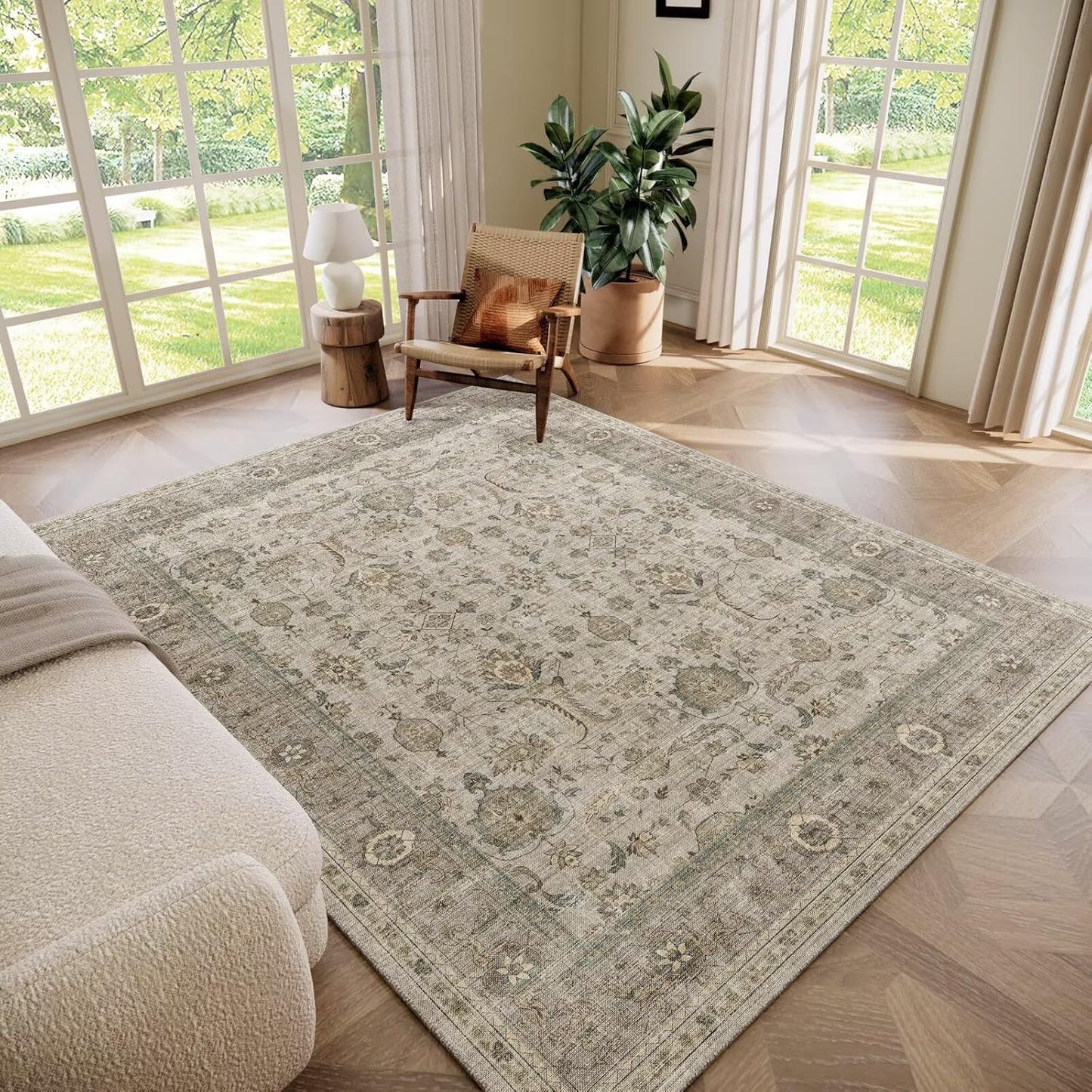 Washable 6x9 Area Rugs for Living Room, BoHo Non-slip Silicone Backing Large Rug for Bedroom Dining Room Nursery Office, 0.3" Neutral Oriental Throw Carpet with 0.16" Cushioning Pad, Light Brown/Multi
