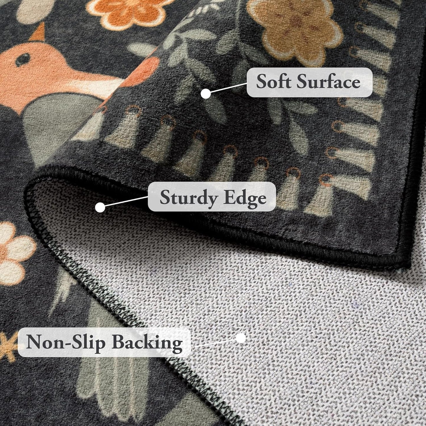 Moynesa Boho Birds 8x10 Area Rugs for Living Room, Black Floral Bedroom Rug Washable Low-Pile Playroom Rug, Vintage Soft Jungle Pattern Indoor Floor Carpet for Nursery Dining Room