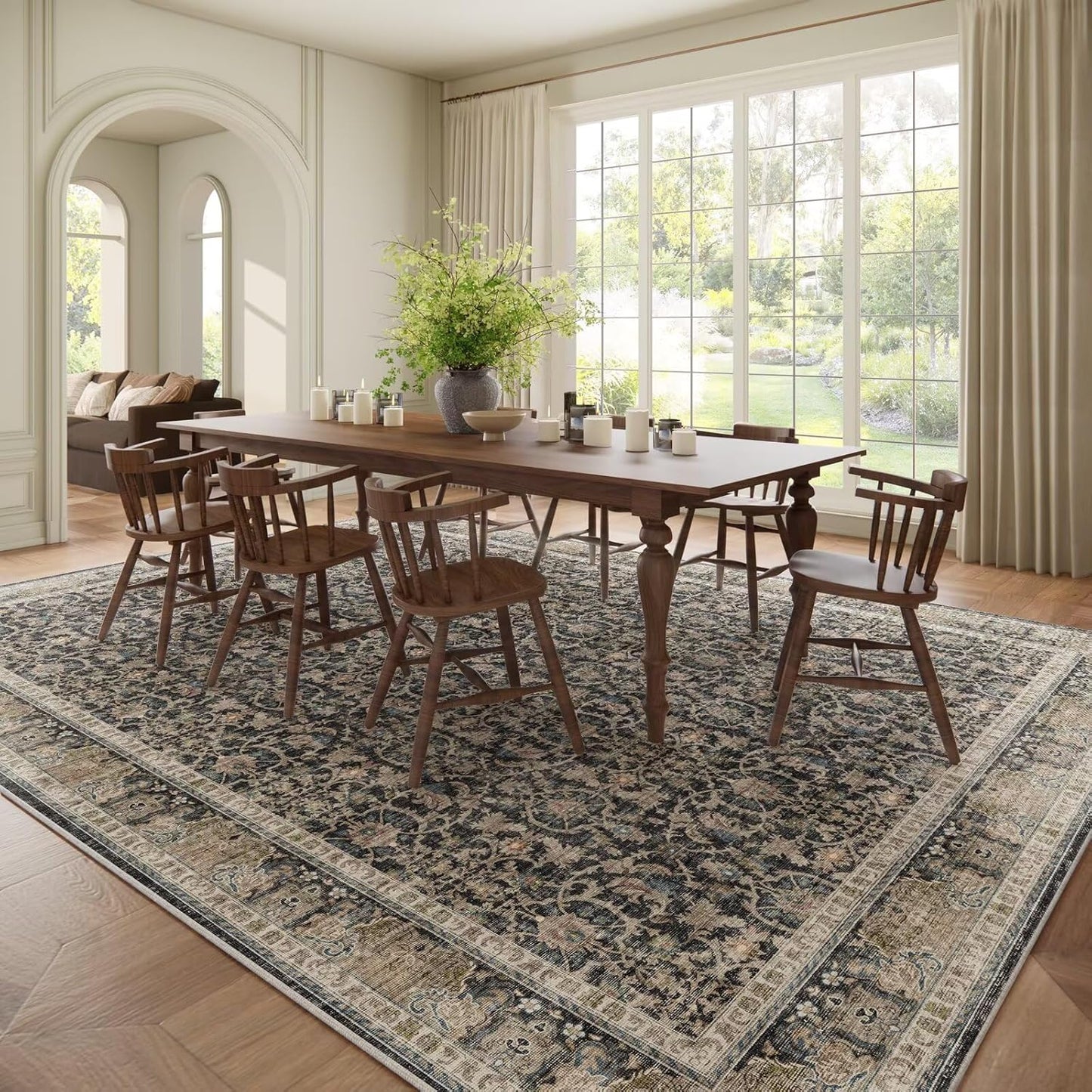 Washable 9x12 Area Rugs for Living Room, Boho Non-Slip Silicone Backing Rugs for Bedroom Dining Room Nursery Office, 0.3" Neutral Oriental Throw Carpet with 0.16" Cushioning Pad, Black/Multi