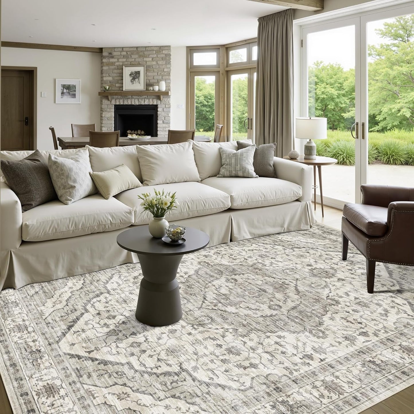 Boho 6x9 Area Rug Vintage Rugs for Living Room, Washable Rugs Non Slip Large Area Rug for Dining Room Bedroom Office, Floor Decoration Big Rug Mat Low-Pile (Cream)