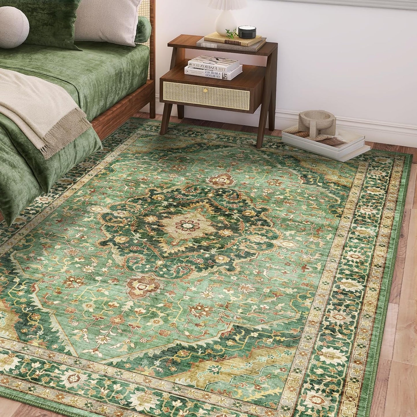 Green Rugs for Living Room - Boho 4x6 Area Rug Ultra Soft Vintage Rugs for Bedroom Playroom Decor, Low Pile Non-Slip Backing Throw Rugs Washable (Border Green