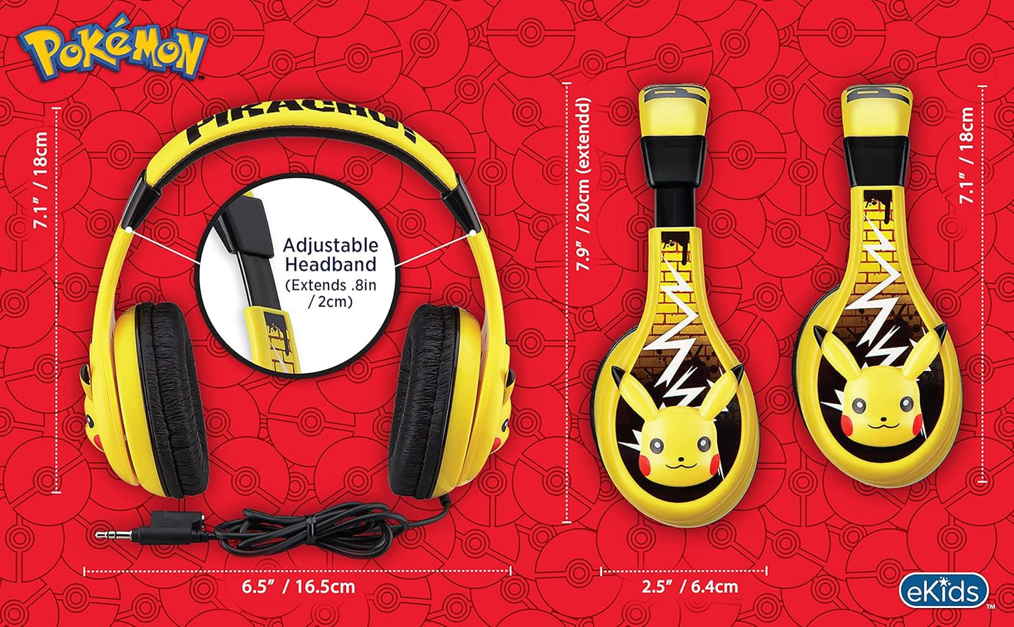 Pokemon Pikachu Wired Kids Headphones, Adjustable, Stereo Sound, 3.5Mm Jack, Tangle-Free, Volume Control, Children's Headband On Ear for School Home, Travel