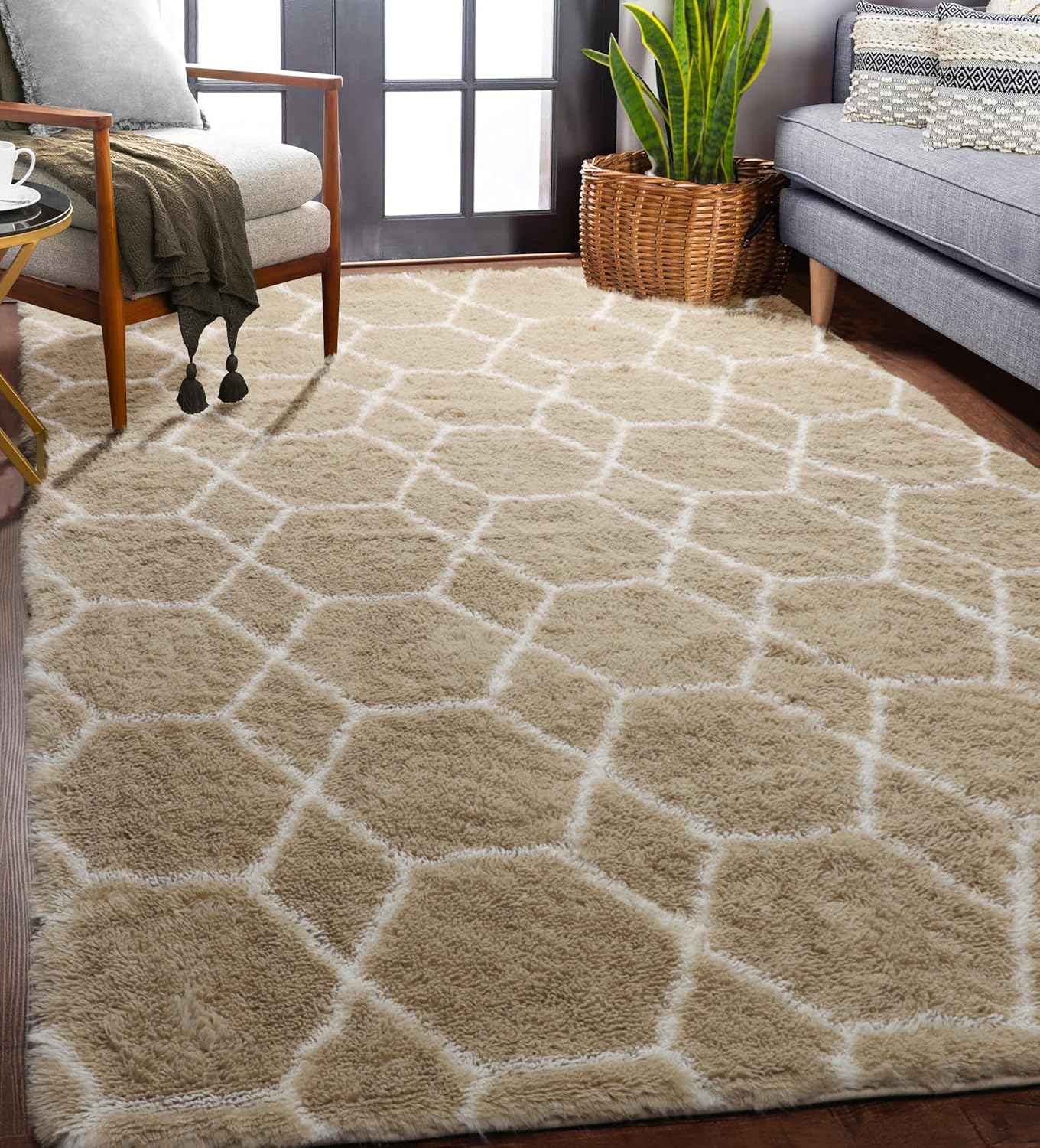 ONASAR Rugs for Living Room Bedroom, 5x8 Washable Fluffy Beige and White Area Rug, Geometric Boho Soft Plush Shaggy Fuzzy Floor Carpet for Nursery Kids Girls Boys Teen Dorm Home Decor Aesthetic