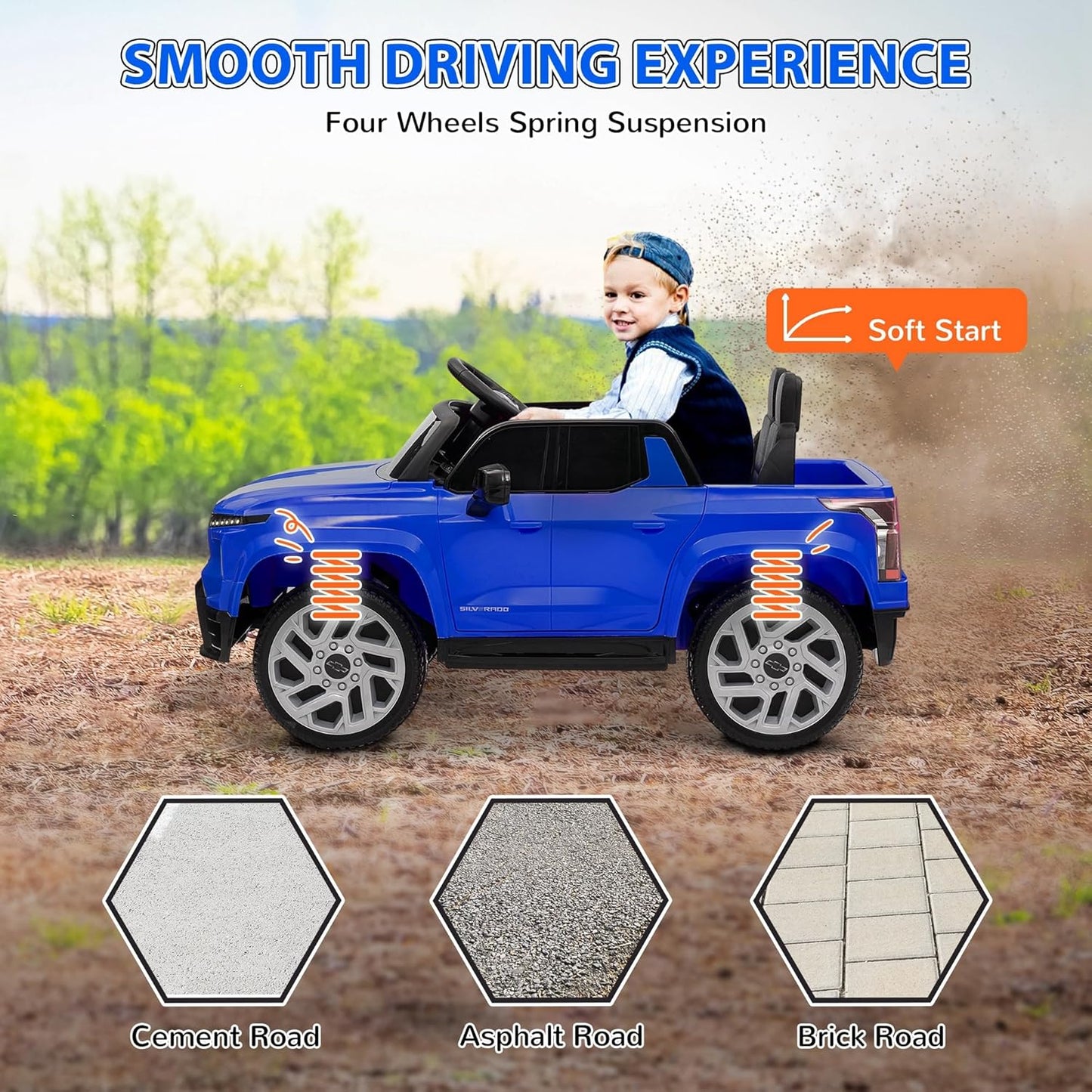 Qaba 12V Kids Ride on Truck, Chevrolet Silverado EV RST Licensed Electric Car with Parent Remote Control, Back Storage, Spring Suspension, Soft Start, Auxiliary Wheels, LED Lights, Music, MP3, Blue