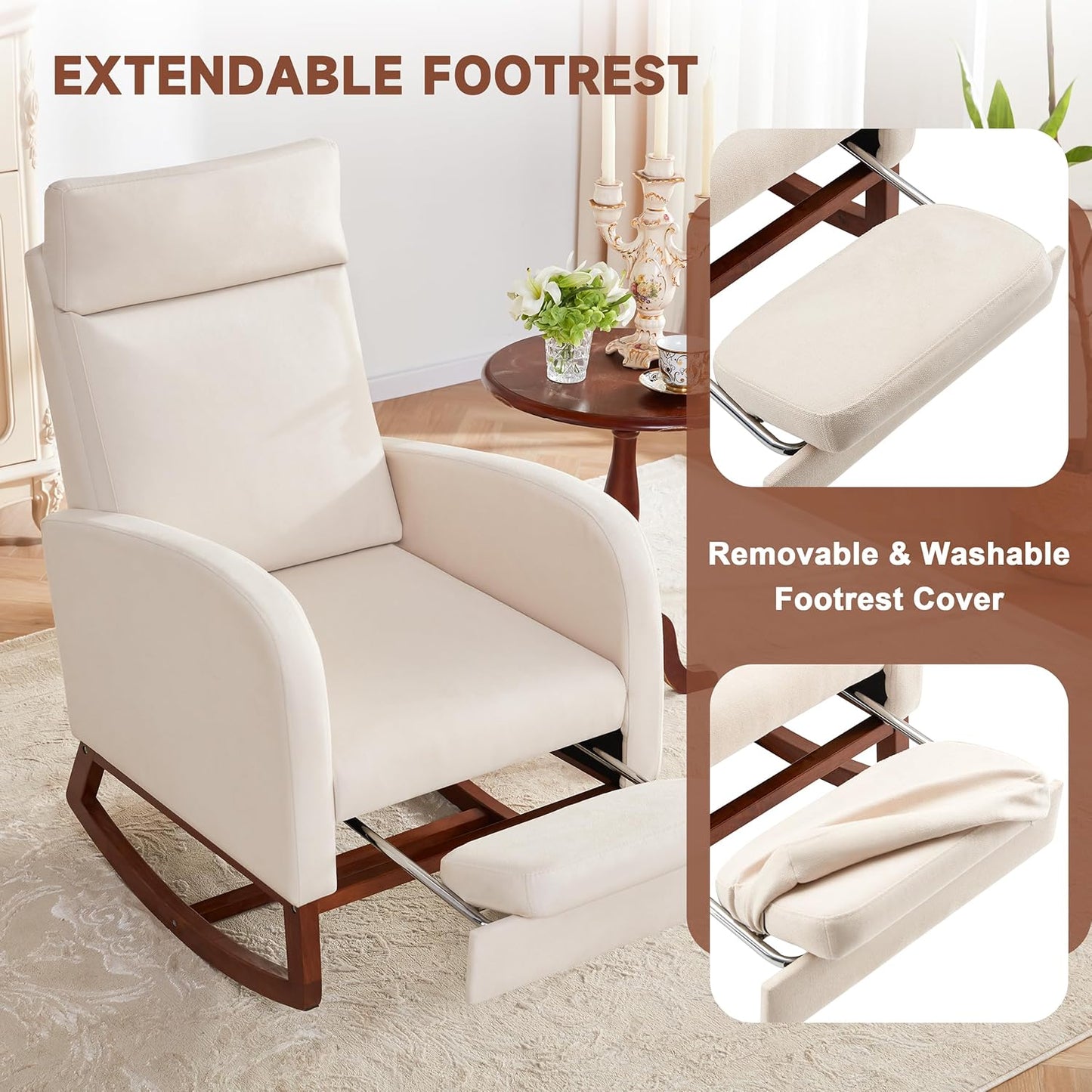 Rocking Chair Nursery with Foot Rest, Nursery Rocking Chairs with High Back, Glider Rocking Chair with Pocket, Baby Nursery Glider Rocker, Nursing Chair Accent Living Room (Linen Beige)