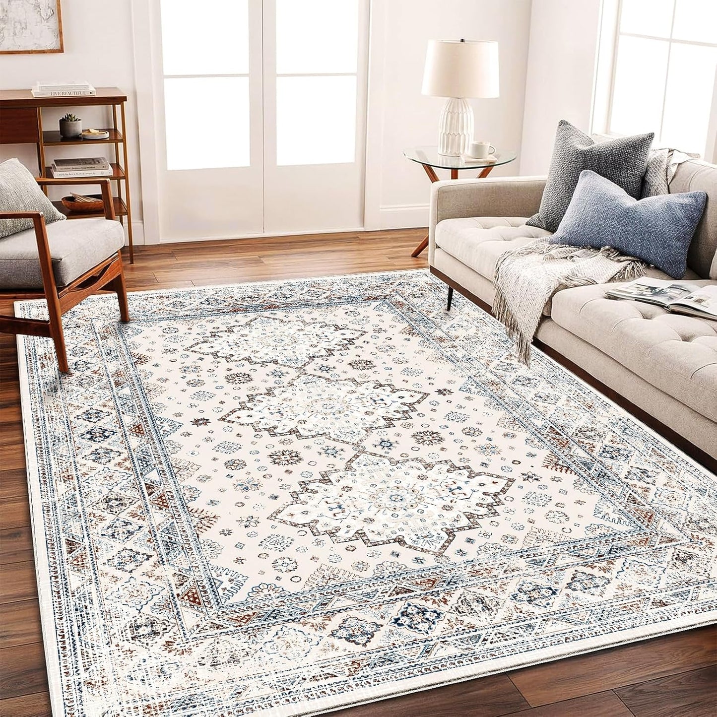 Washable Vintage Area Rug 6x9 Boho Chic Medallion Distressed Design Non-Shedding Easy Care Ideal for High Traffic Areas in Living Room Bedroom Kitchen Office Large Carpet
