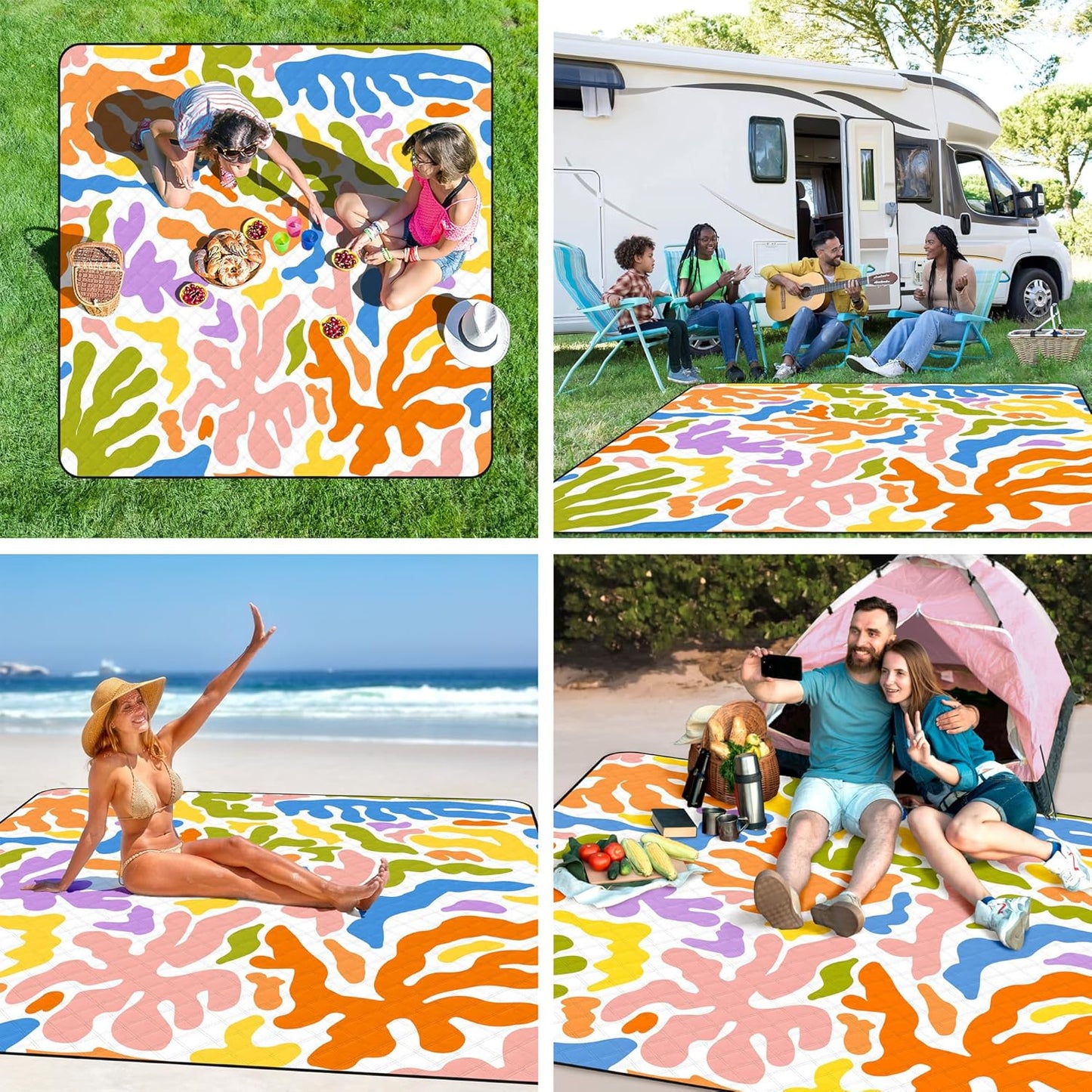 Picnic Blankets Sandproof Waterproof, Extra Large 79''x79'' Foldable & Portable Beach Blanket, 3-Layer Fabric Outdoor Mat for Family Camping, Park, Travel, Grass Lawn, outdoor-Tropical Color Splash