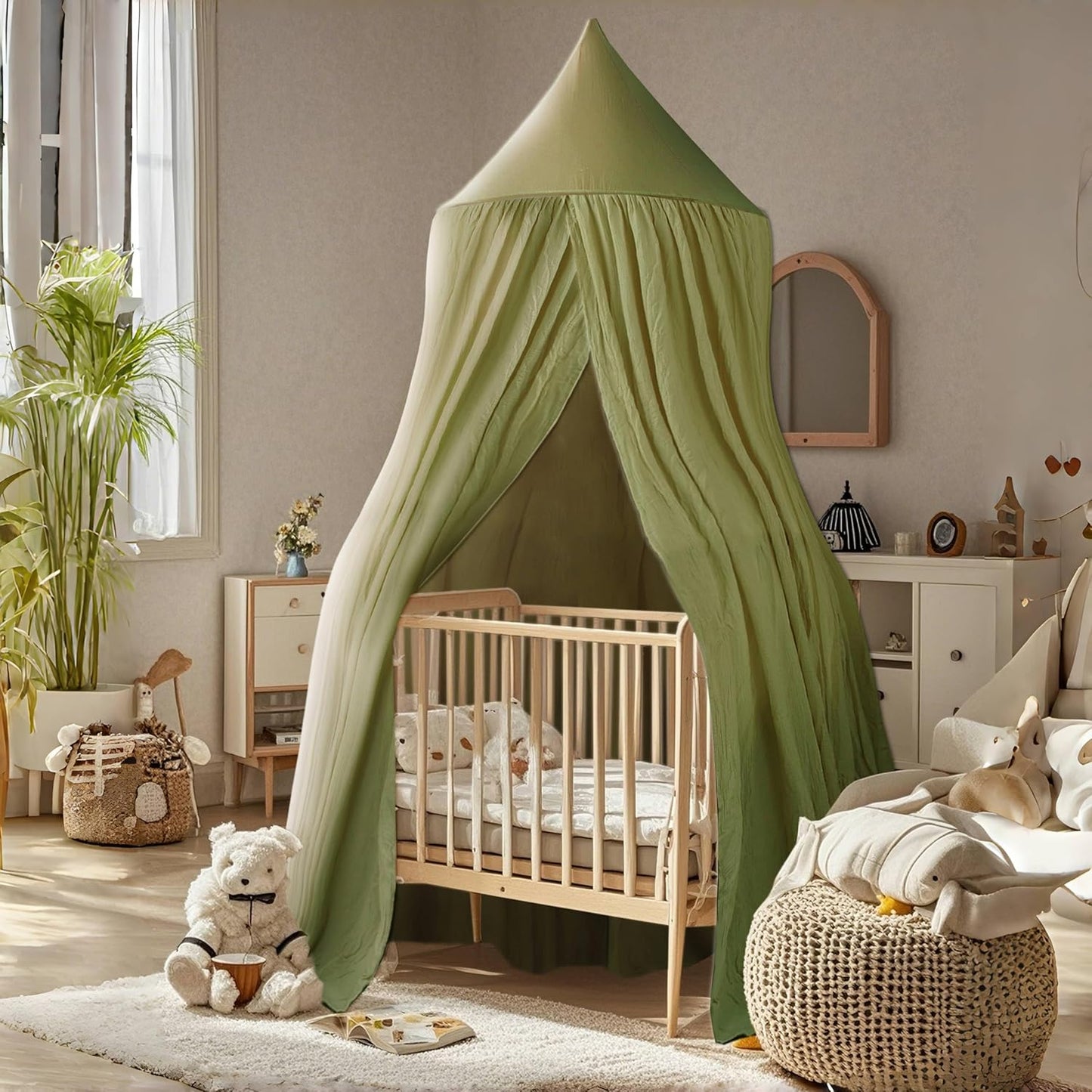 Cotton Kids Bed Canopy, Nursery Room Baby Crib Hanging Curtain Mosquito Net Hideaway Bedding Children Reading Nook Decoration, Pastel Neutral Color for Boys & Girls (Green)