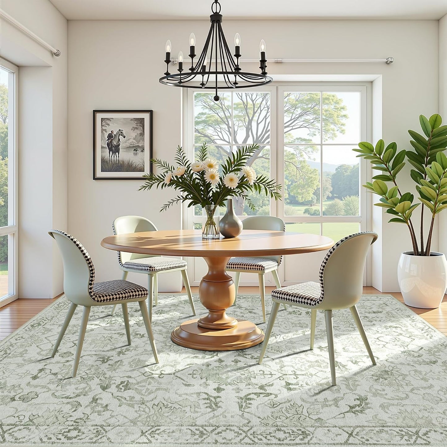 Sage Vintage Area Rug 5x7 for Living Room Bedroom, Washable Distressed Farmhouse Soft Thin Non-Shedding Indoor Throw Rug, Traditional Accent Carpet for Bedroom Office