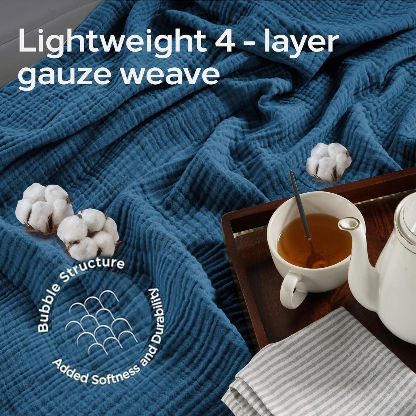 Threadmill Muslin King Blanket | 4 Layer 100% Cotton Gauze Summer Blanket | Soft, Breathable, and Cozy for All Seasons | Lighweight King Size Blanket for Bed | Folkstone Blue