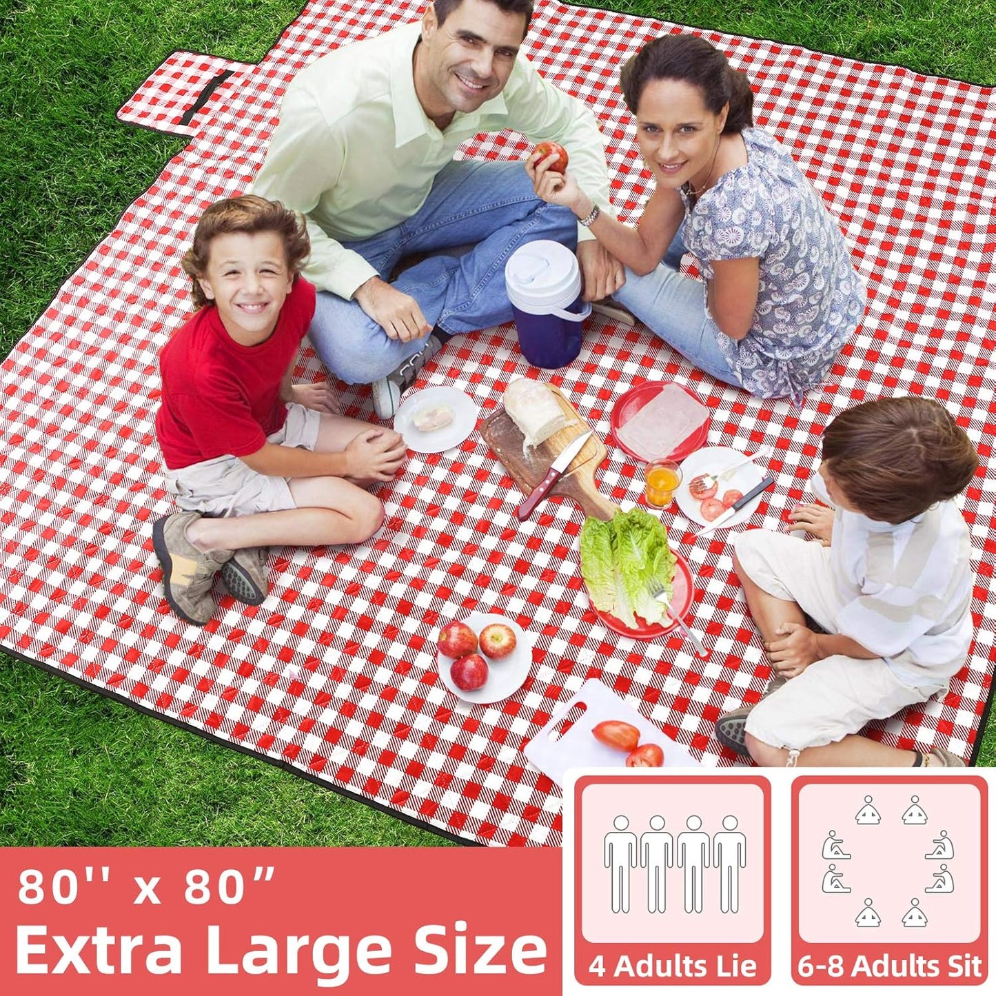 ZAZE Picnic Blanket Extra Large Waterproof, 80''x80''Checkered Picnic Blankets Beach, Outdoor, Camping on Grass Accessories Couple Ideas Wedding Registry Gifts (Red and White)